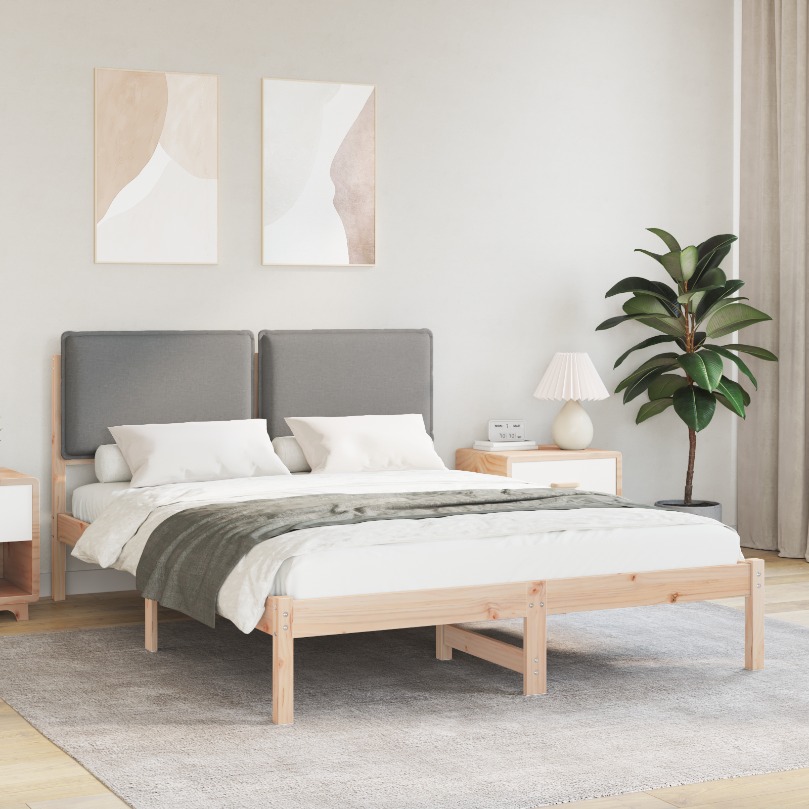 Sängram med Klädd Huvudgavel Ljusgrå 160 x 200 cm Massivt furu