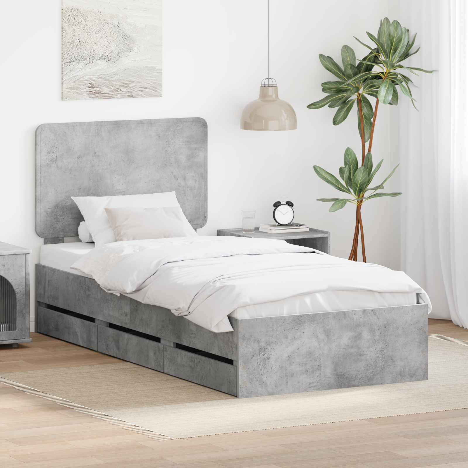Sängram med låda med lagring Betonggrå 90 x 200 cm Ingenjörsträ