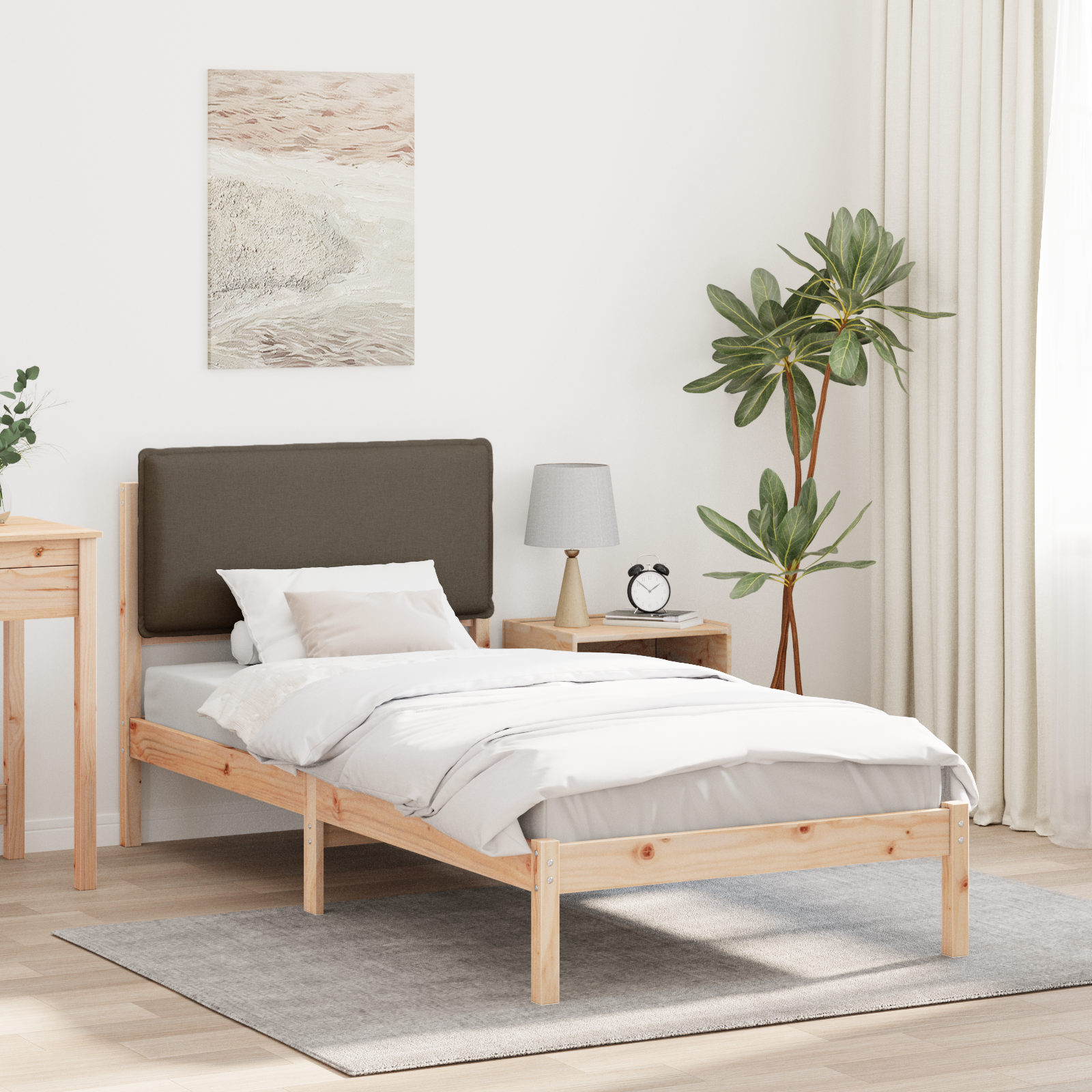 Sängram med Klädd Huvudgavel Taupe 75 x 190 cm Massivt furu