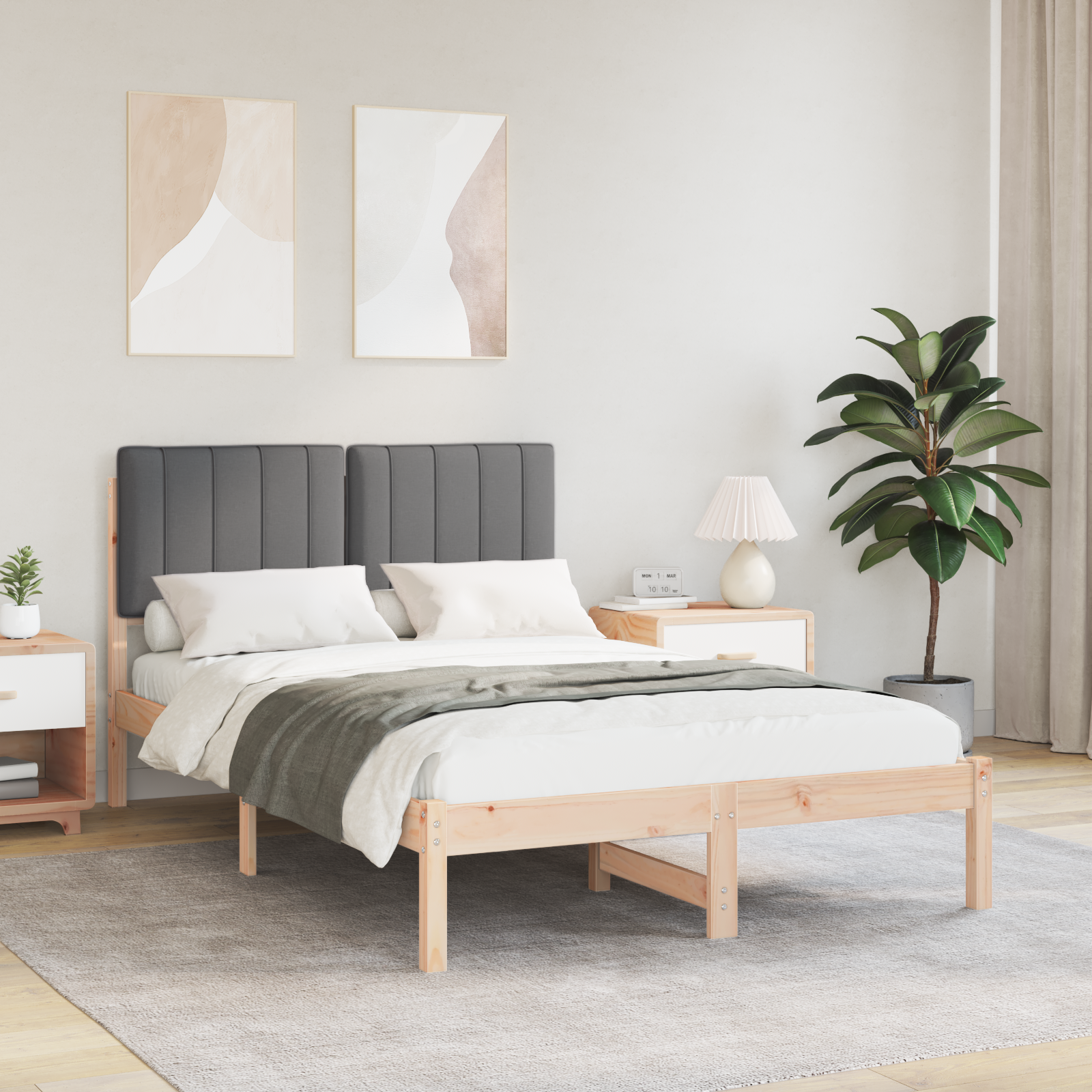 Sängram med Klädd Huvudgavel Naturlig och Mörk Grå 120 x 200 cm