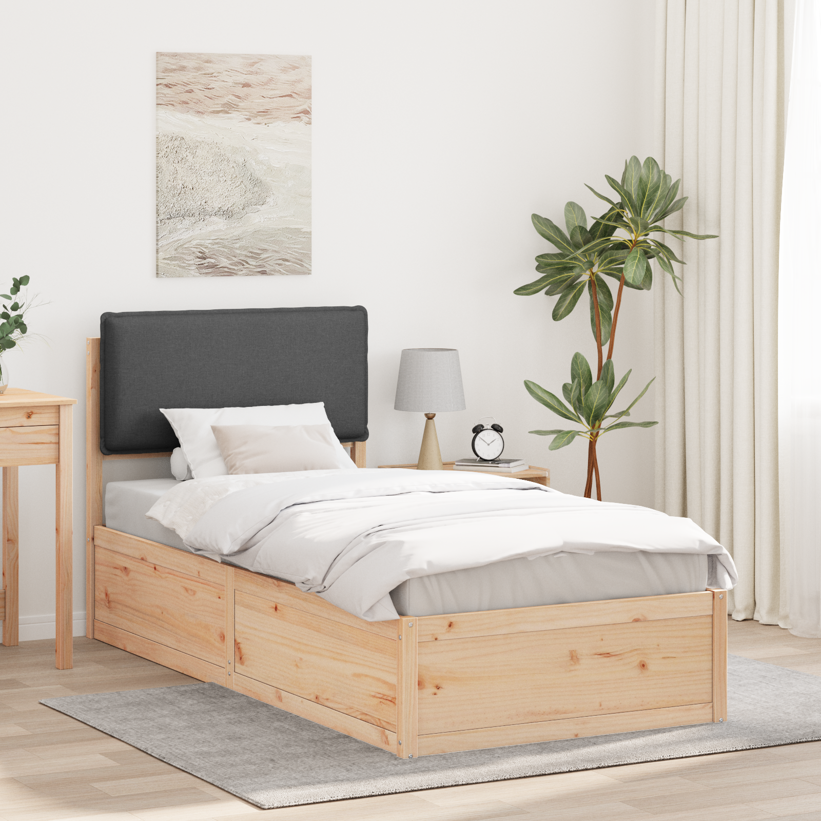 Sängram med Klädd Huvudgavel Mörkgrå 100 x 200 cm Massiv furu