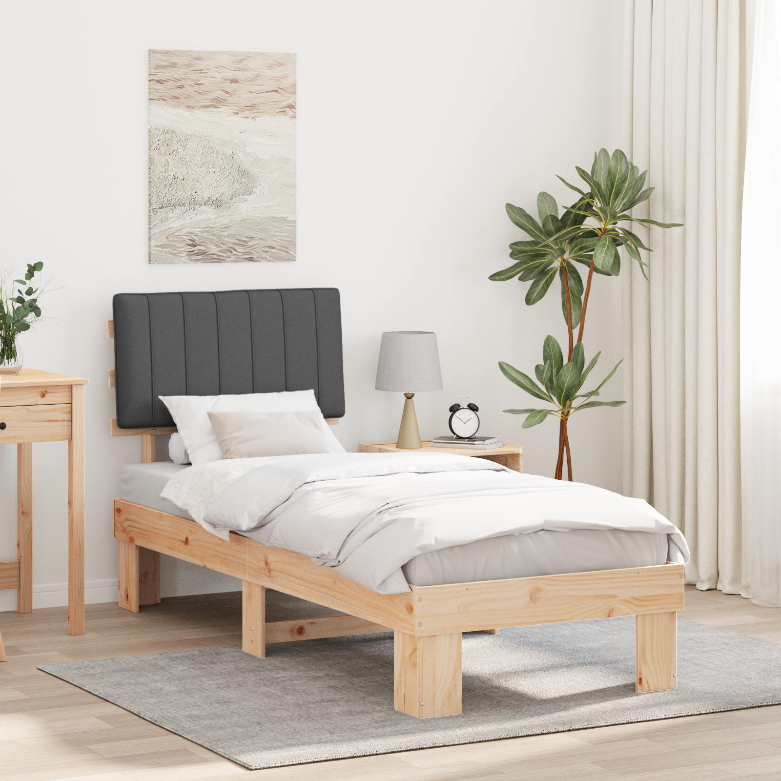 Sängram med Klädd Huvudgavel Mörkgrå 80 x 200 cm Massiv furu