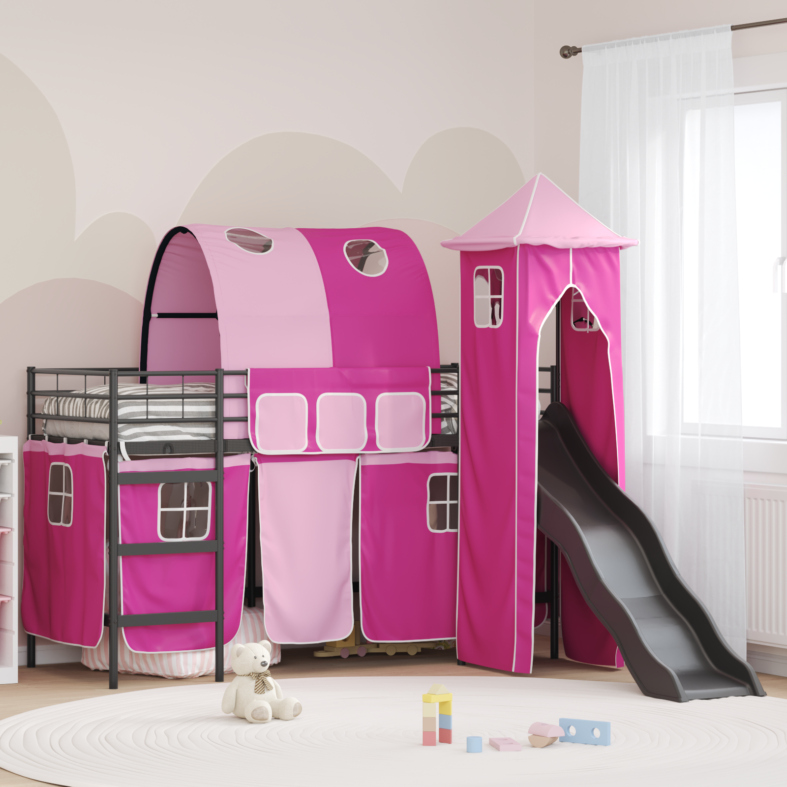 Barns loft sängram Enfärgad Svart och Rosa 100 x 190 cm Metall
