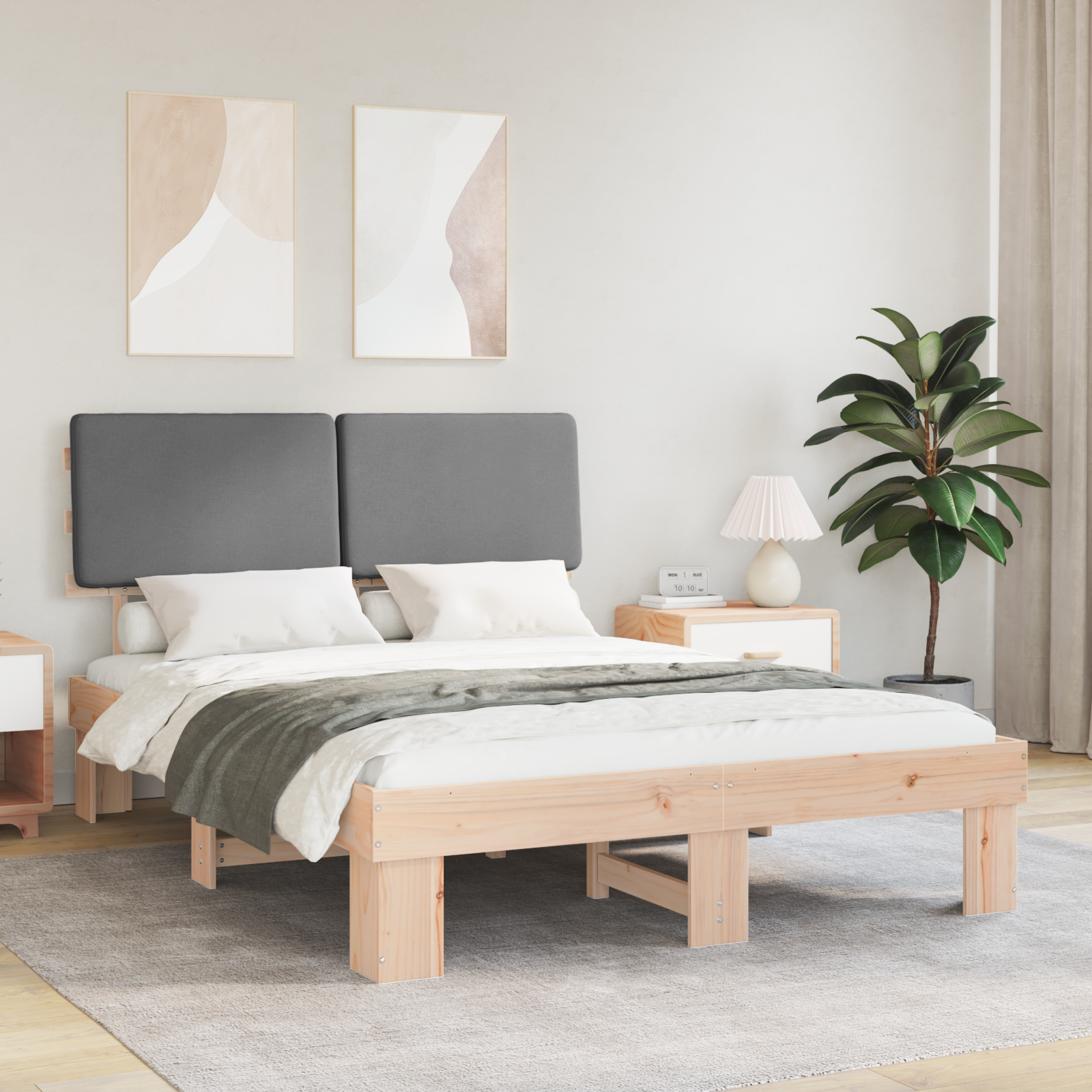 Sängram med Klädd Huvudgavel Ljusgrå 135 x 190 cm Massiv furu