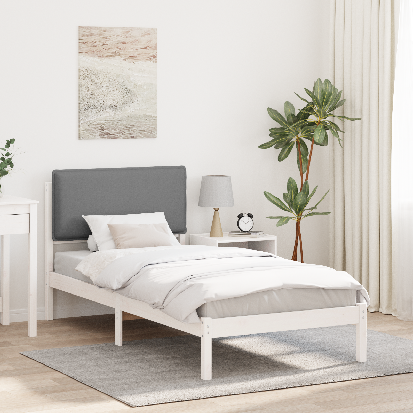 Sängram med Klädd Huvudgavel Ljusgrå 90 x 190 cm Massivt furu
