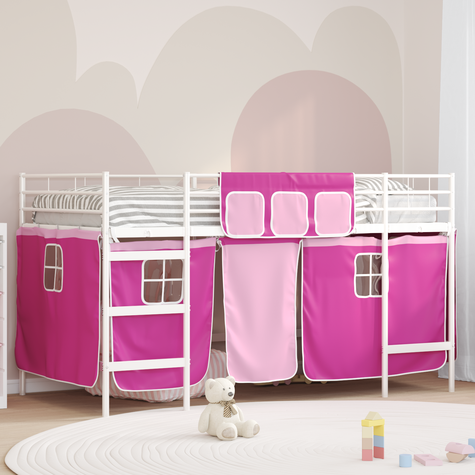 Barns LOFT SÄNG RAM med Gardiner Vit och Rosa 107 x 203 cm