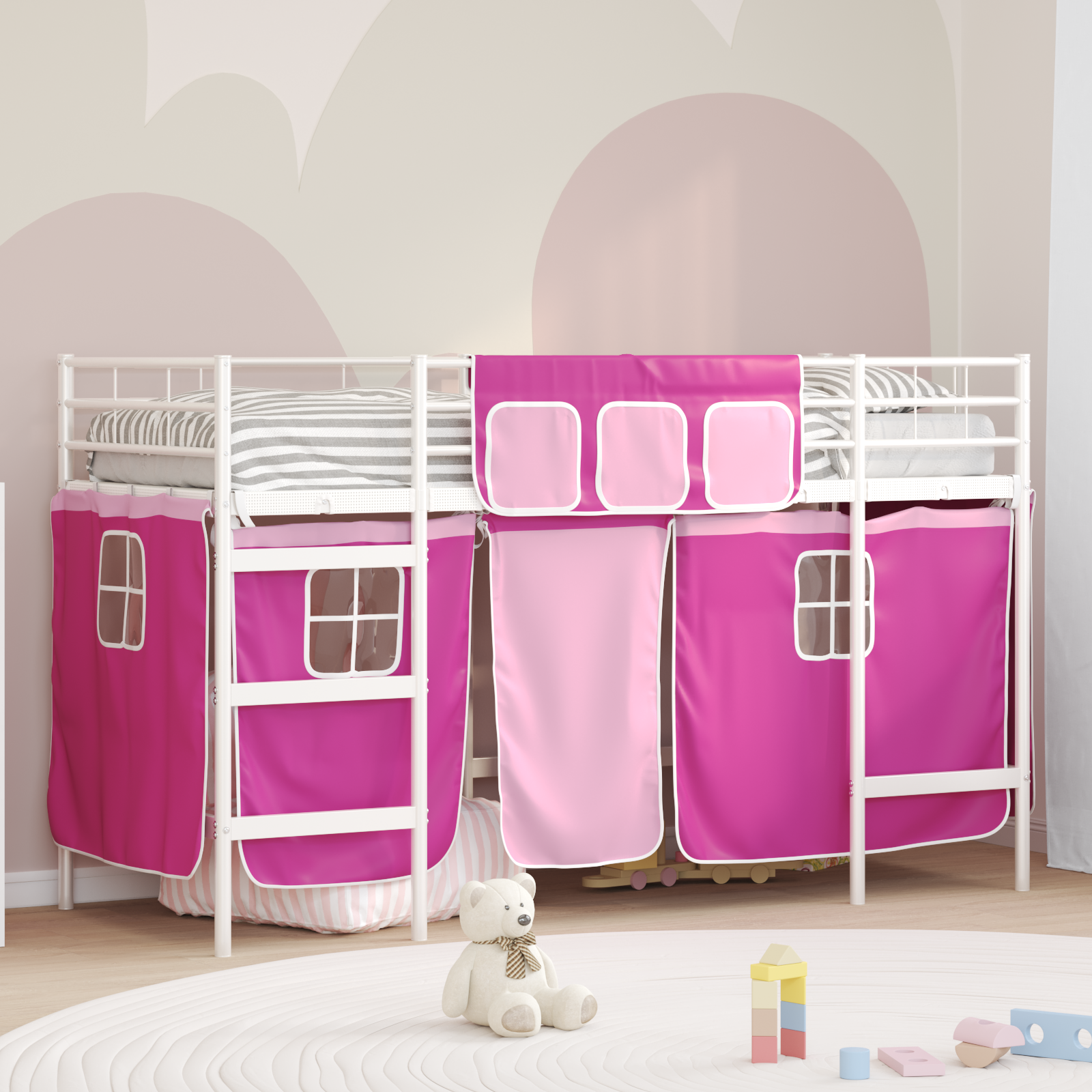 Barns LOFT SÄNG RAM med Gardiner Vit och Rosa 75 x 190 cm