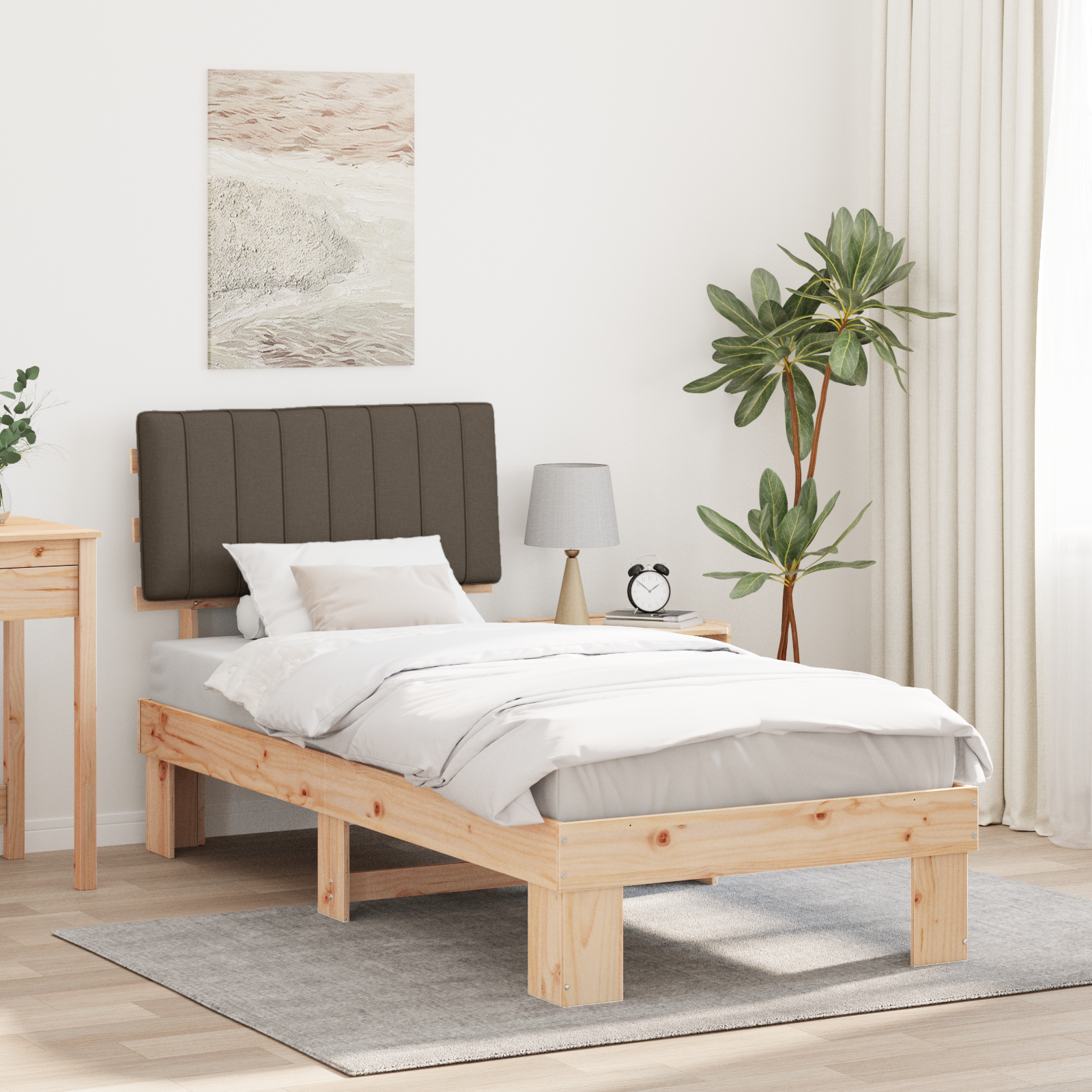 Sängram med Klädd Huvudgavel Taupe 90 x 200 cm Massiv furu