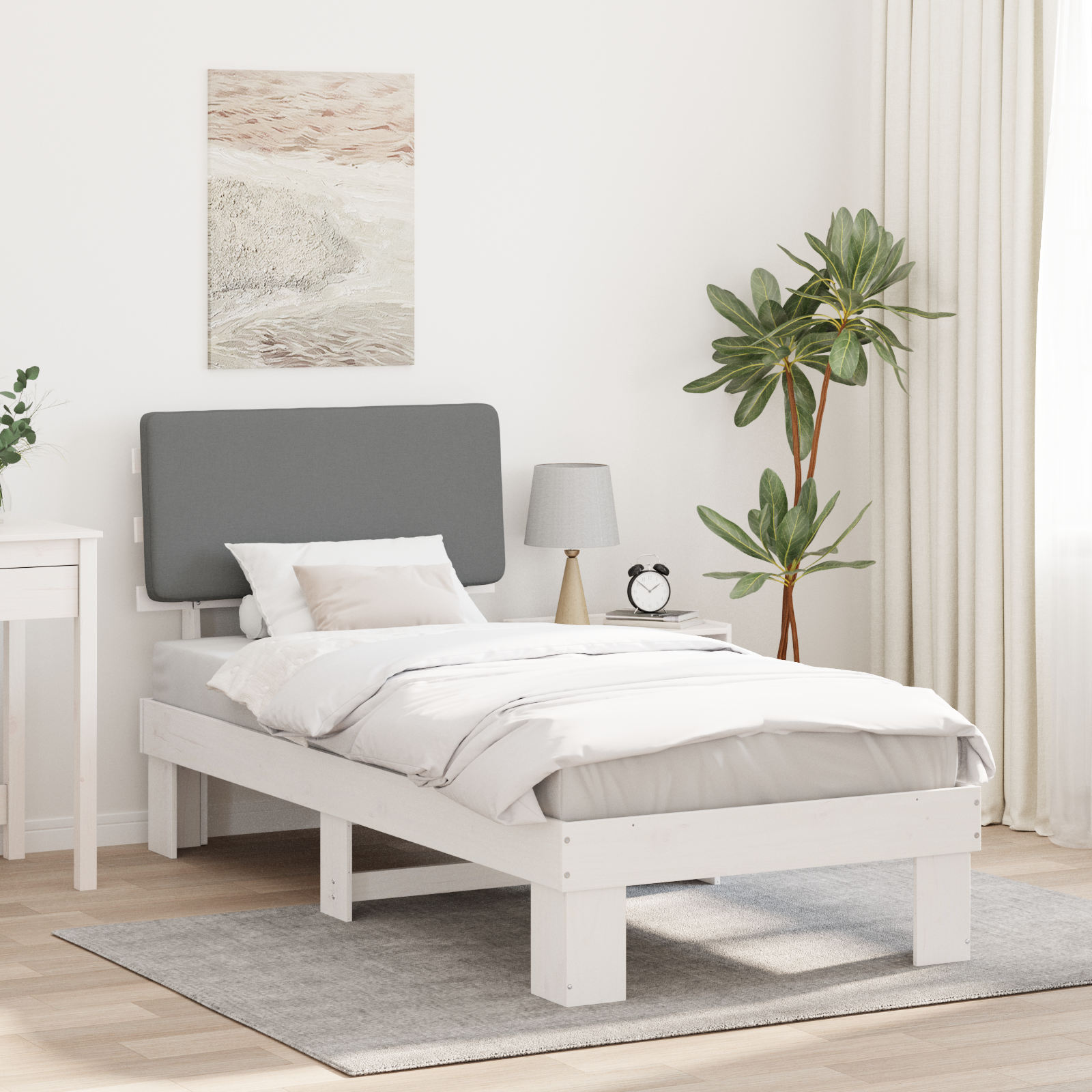 Sängram med Klädd Huvudgavel Ljusgrå 75 x 190 cm Massiv furu