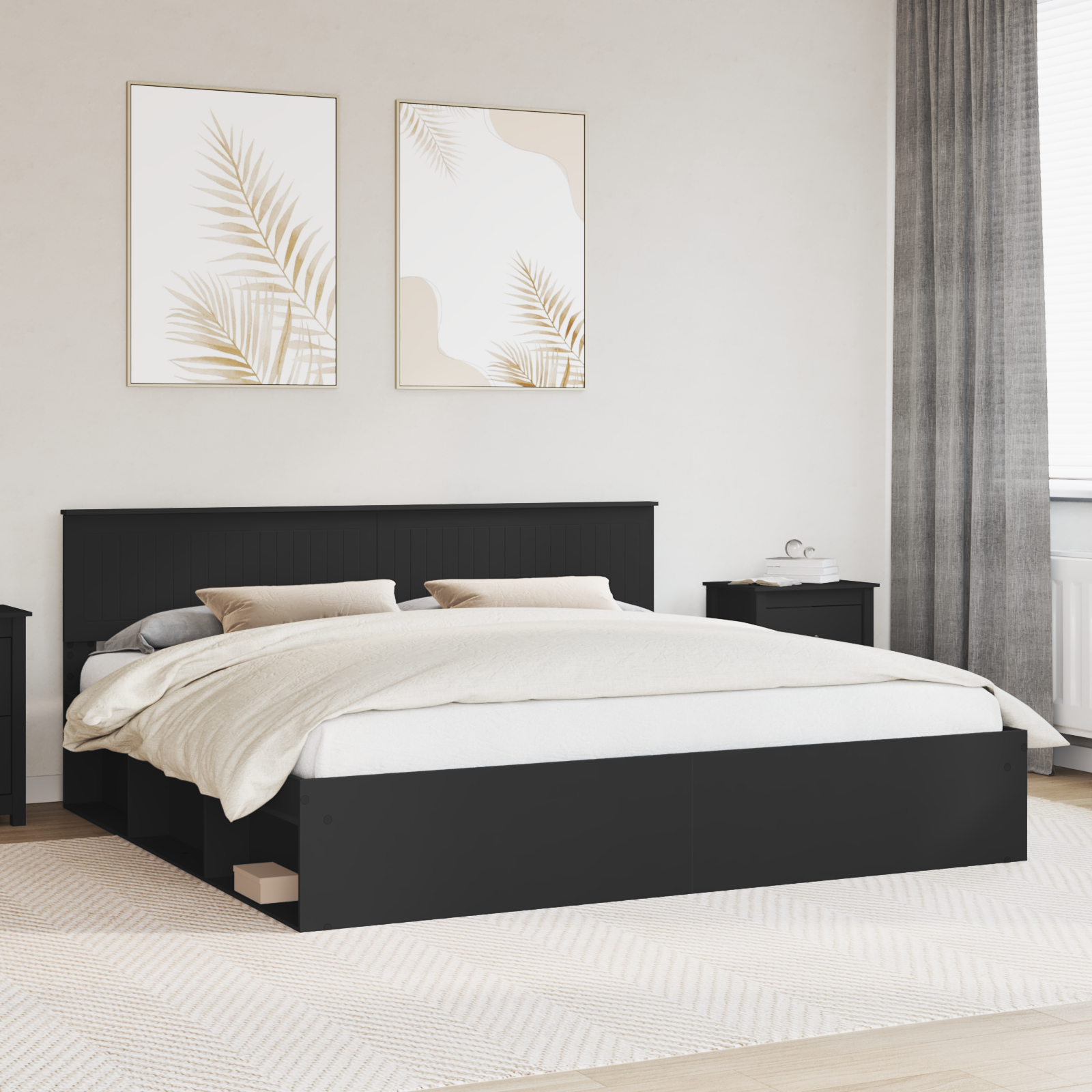 Sängram med huvudgavel Svart 200 x 200 cm Massiv furu