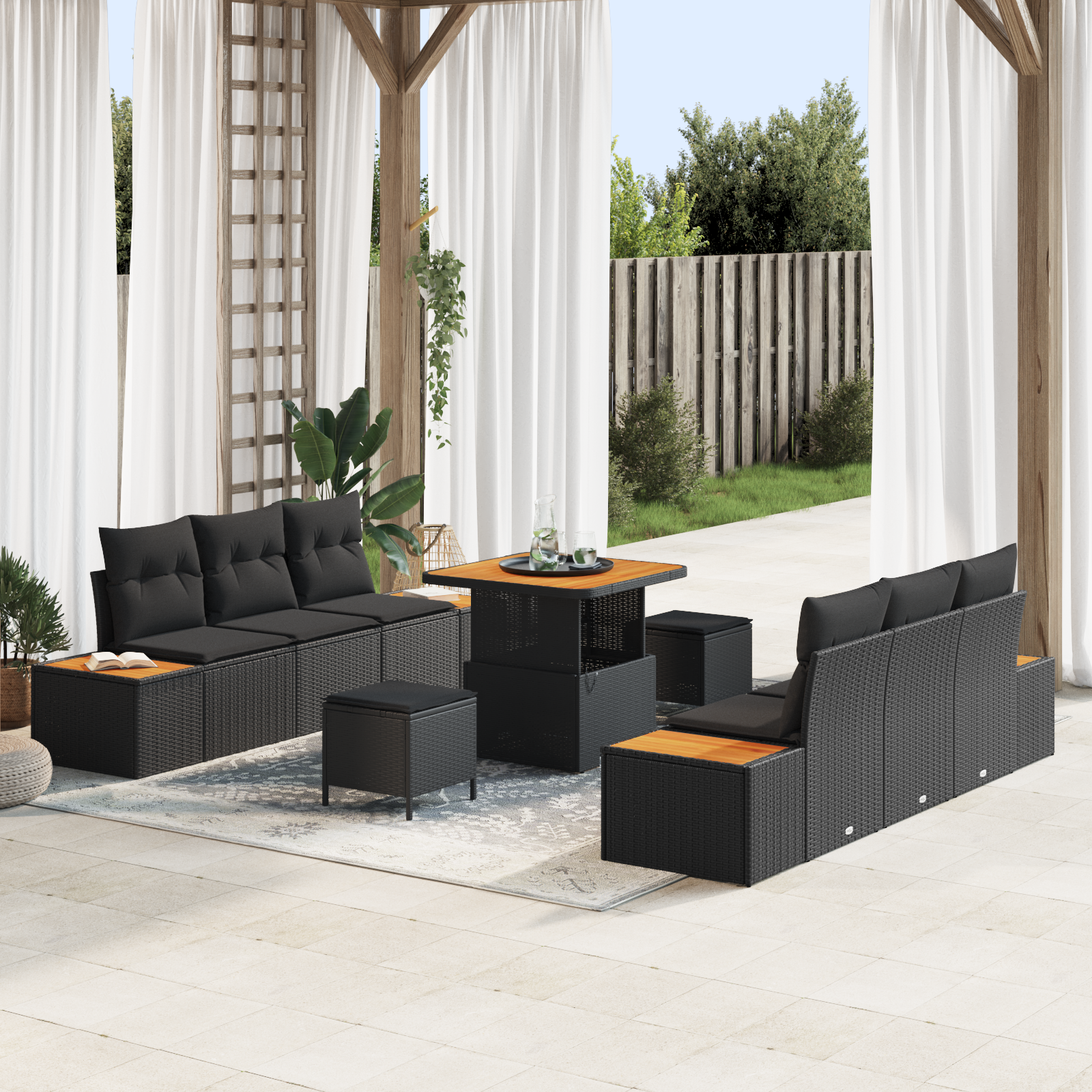 Trädgårdsoffset med kudde med lagring 9 pcs Svart Poly rattan