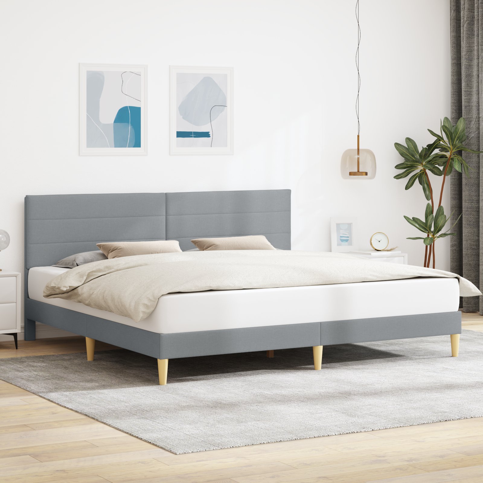 Sängram med huvudgavel Ljusgrå 200 x 200 cm Tyg