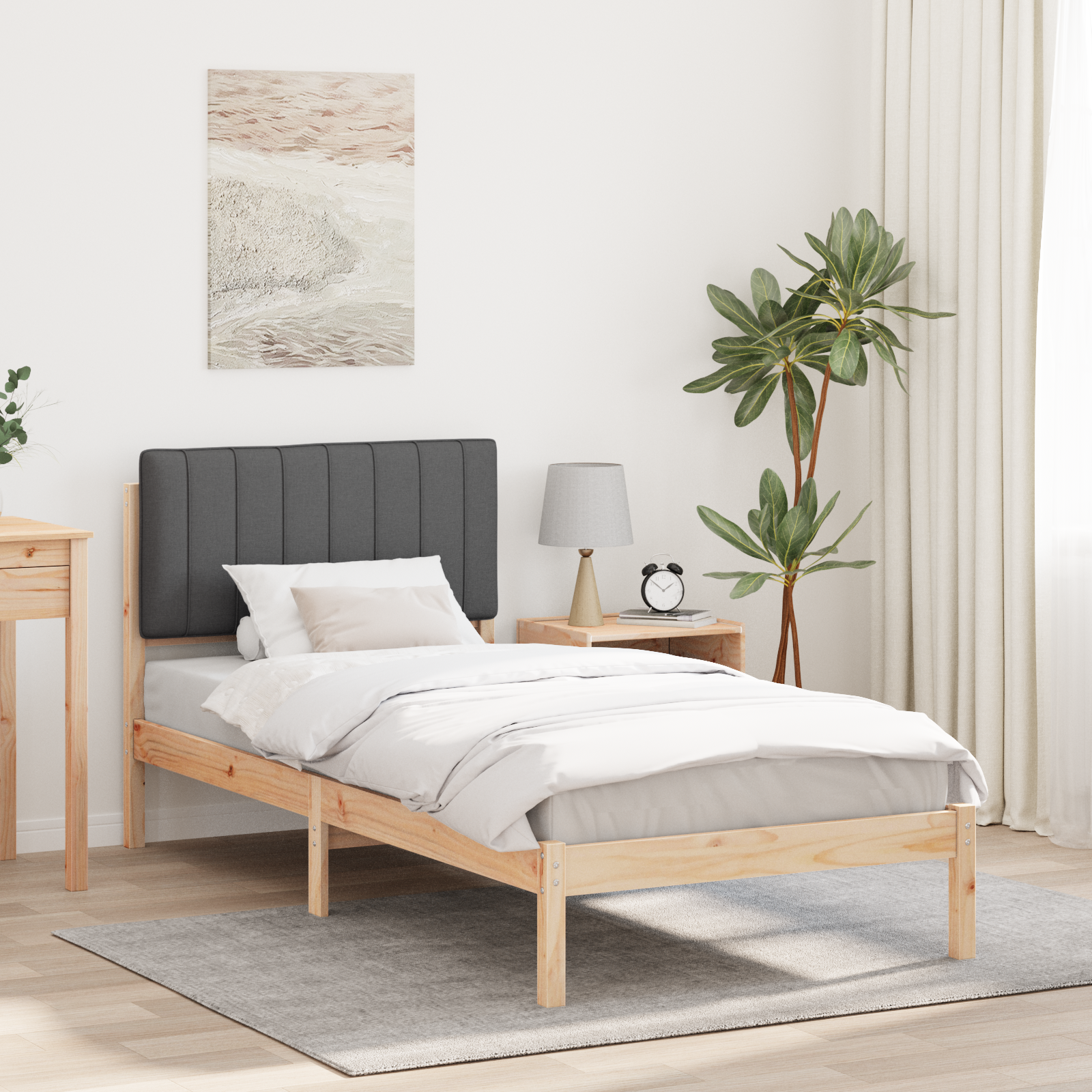 Sängram med Klädd Huvudgavel Mörkgrå 90 x 190 cm Massivt furu