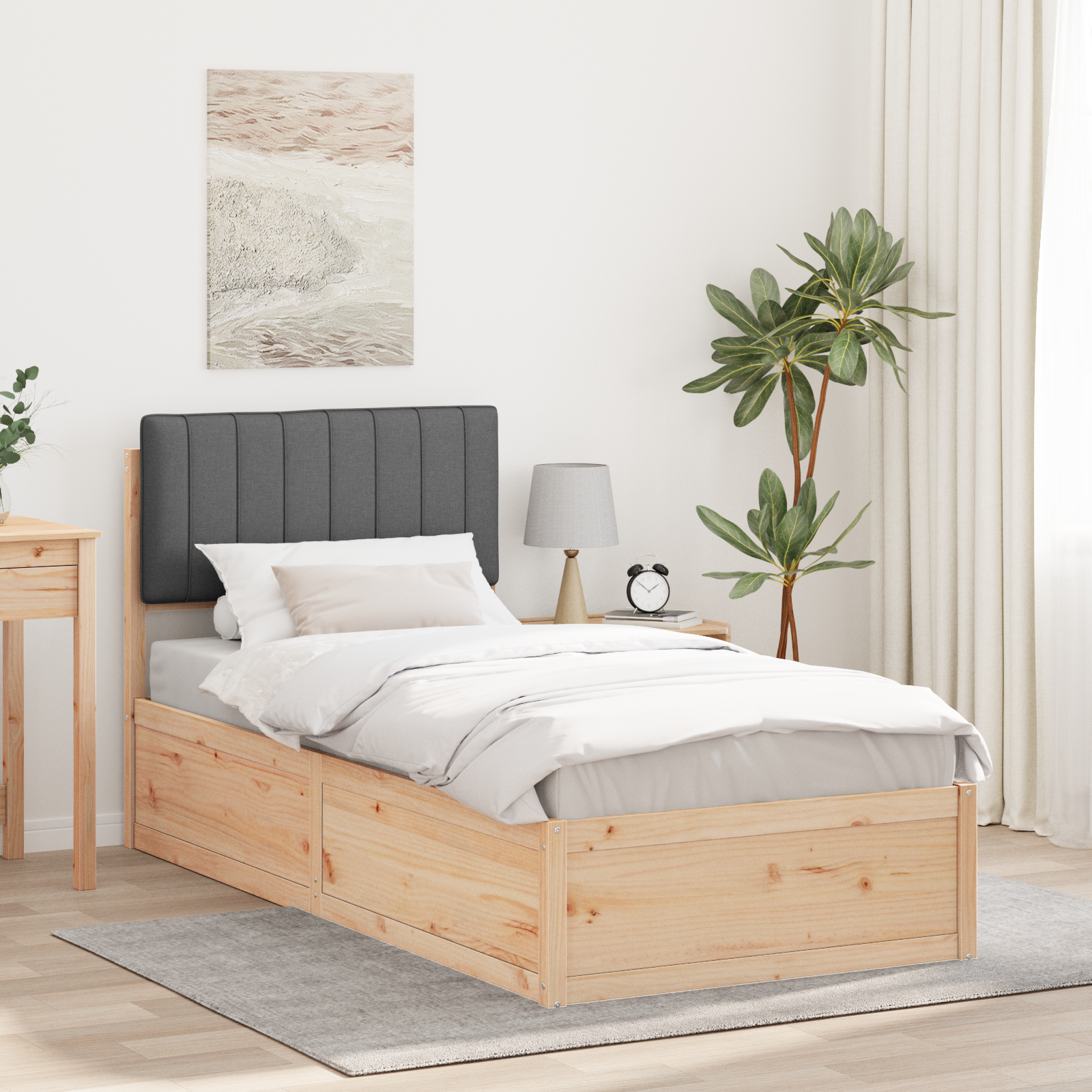 Sängram med Klädd Huvudgavel Mörkgrå 90 x 190 cm Massiv furu