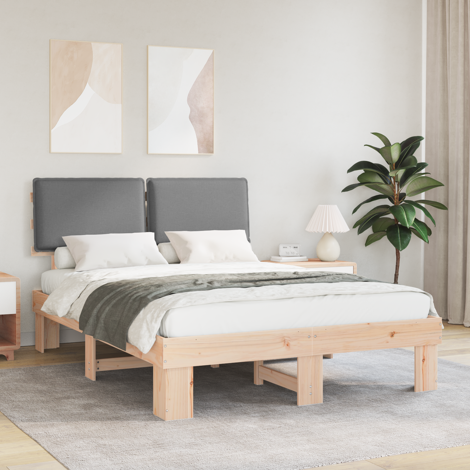 Sängram med Klädd Huvudgavel Ljusgrå 140 x 200 cm Massiv furu