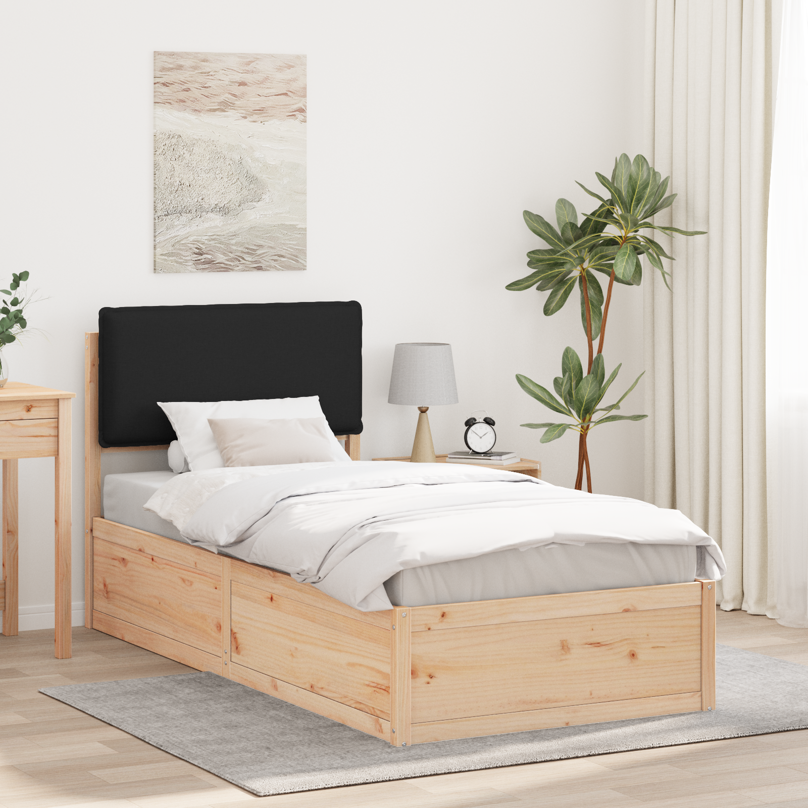 Sängram med Klädd Huvudgavel Svart 75 x 190 cm Massiv furu