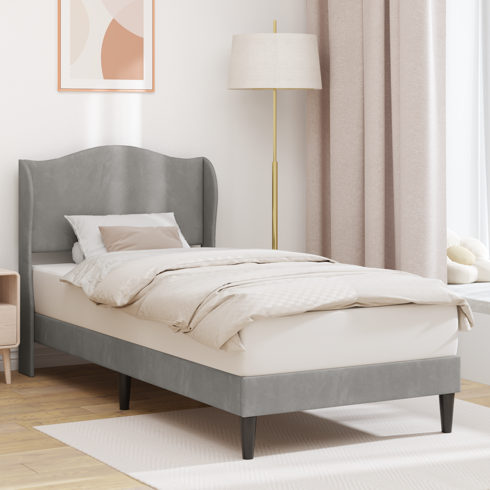 Sängram med huvudgavel Ljusgrå 100 x 200 cm Sammet