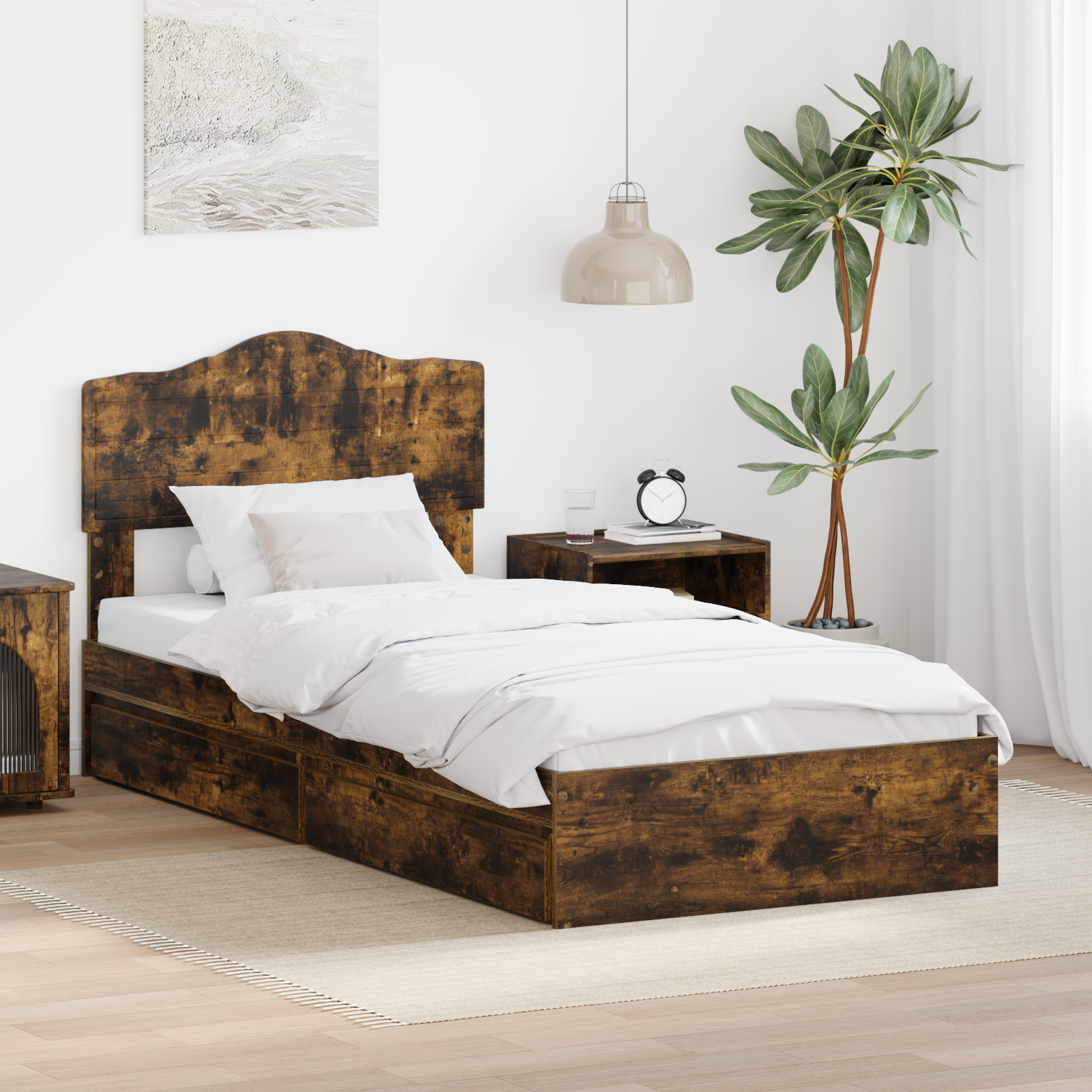 Förvaringssäng med låda Rökt ek 100 x 200 cm Konstruerat trä