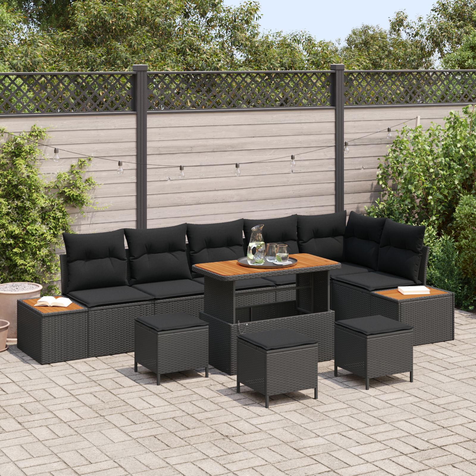 Trädgårdsoffset med kudde med lagring 10 pcs Svart Poly rattan
