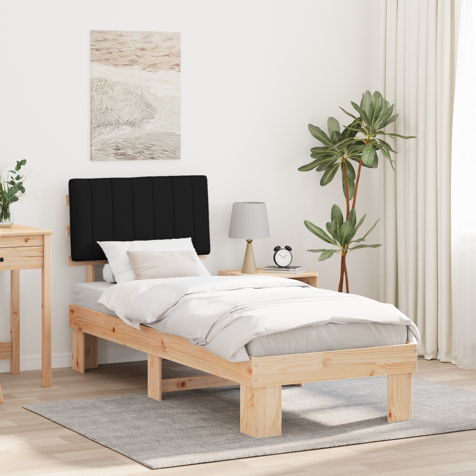 Sängram med Klädd Huvudgavel Svart 80 x 200 cm Massiv furu