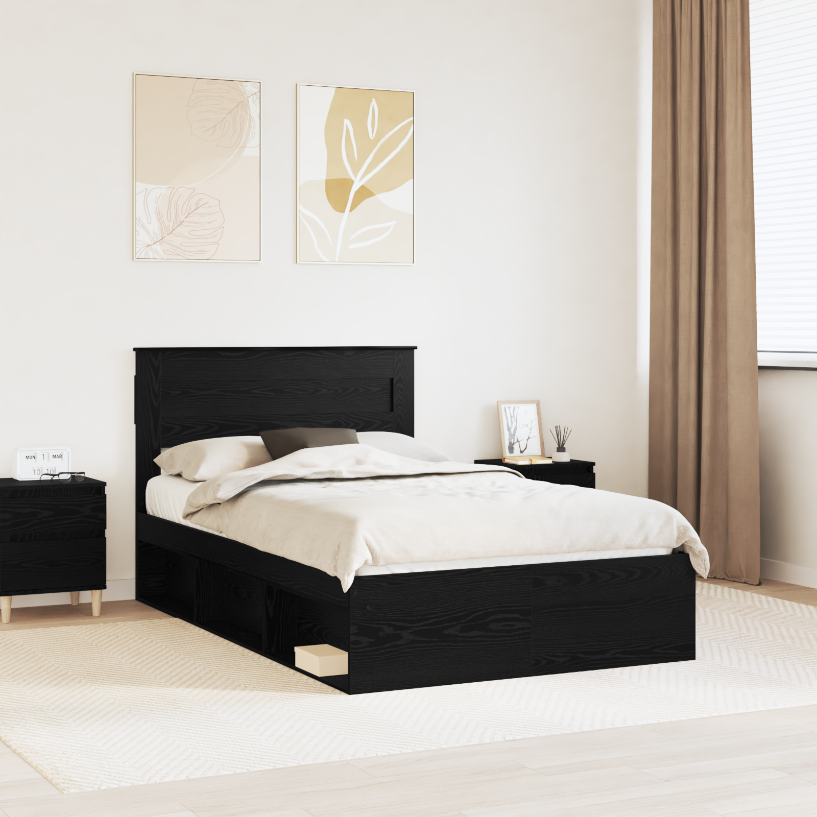 Sängram med huvudgavel Svart 135 x 190 cm Massiv furu