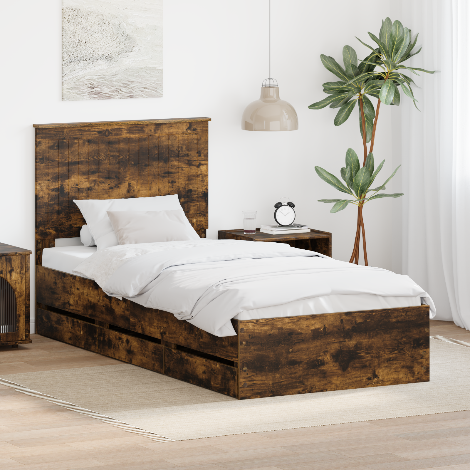 Sängram med låda med lagring Rökt ek 90 x 190 cm Ingenjörsträ
