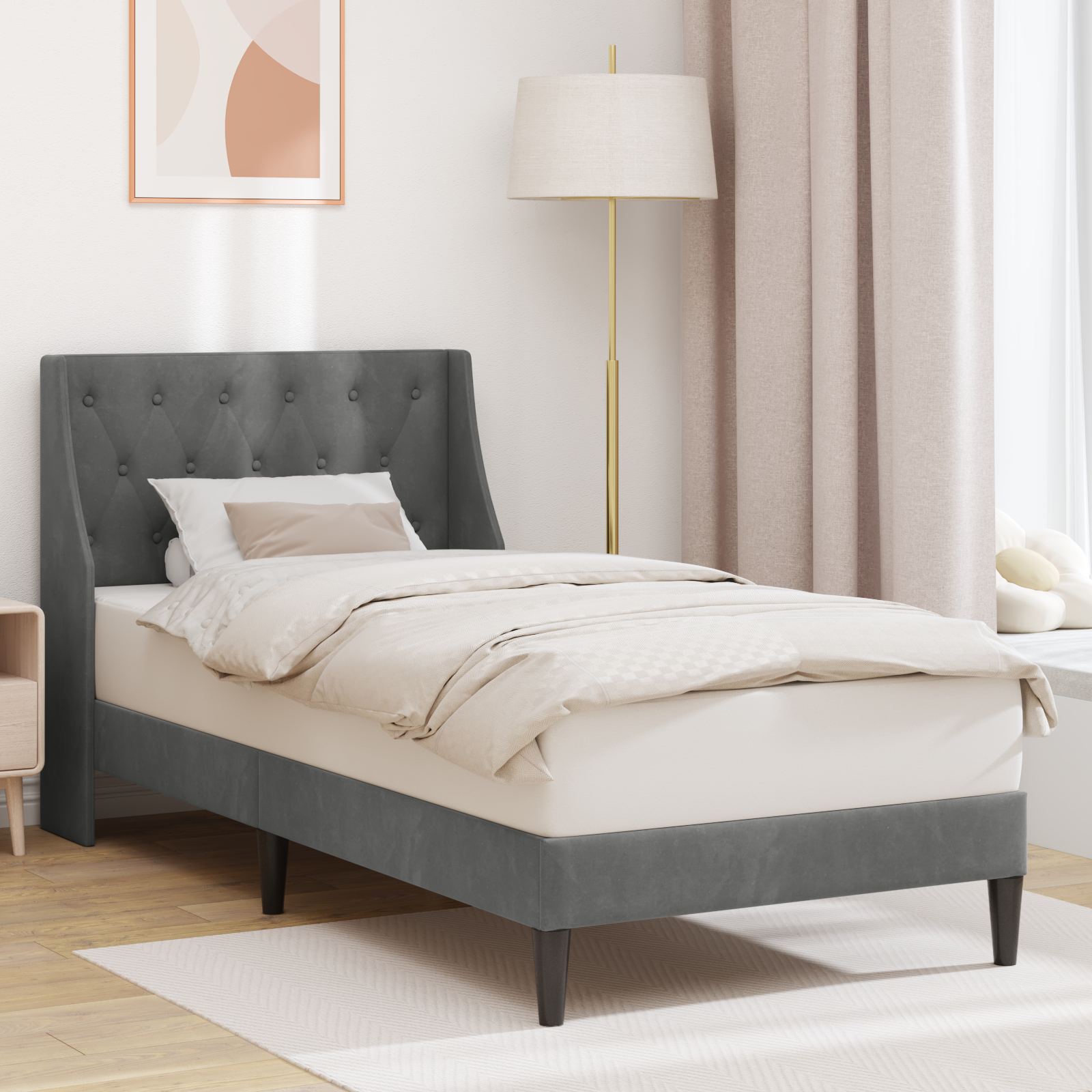 Sängram med huvudgavel Mörkgrå 90 x 200 cm Sammet
