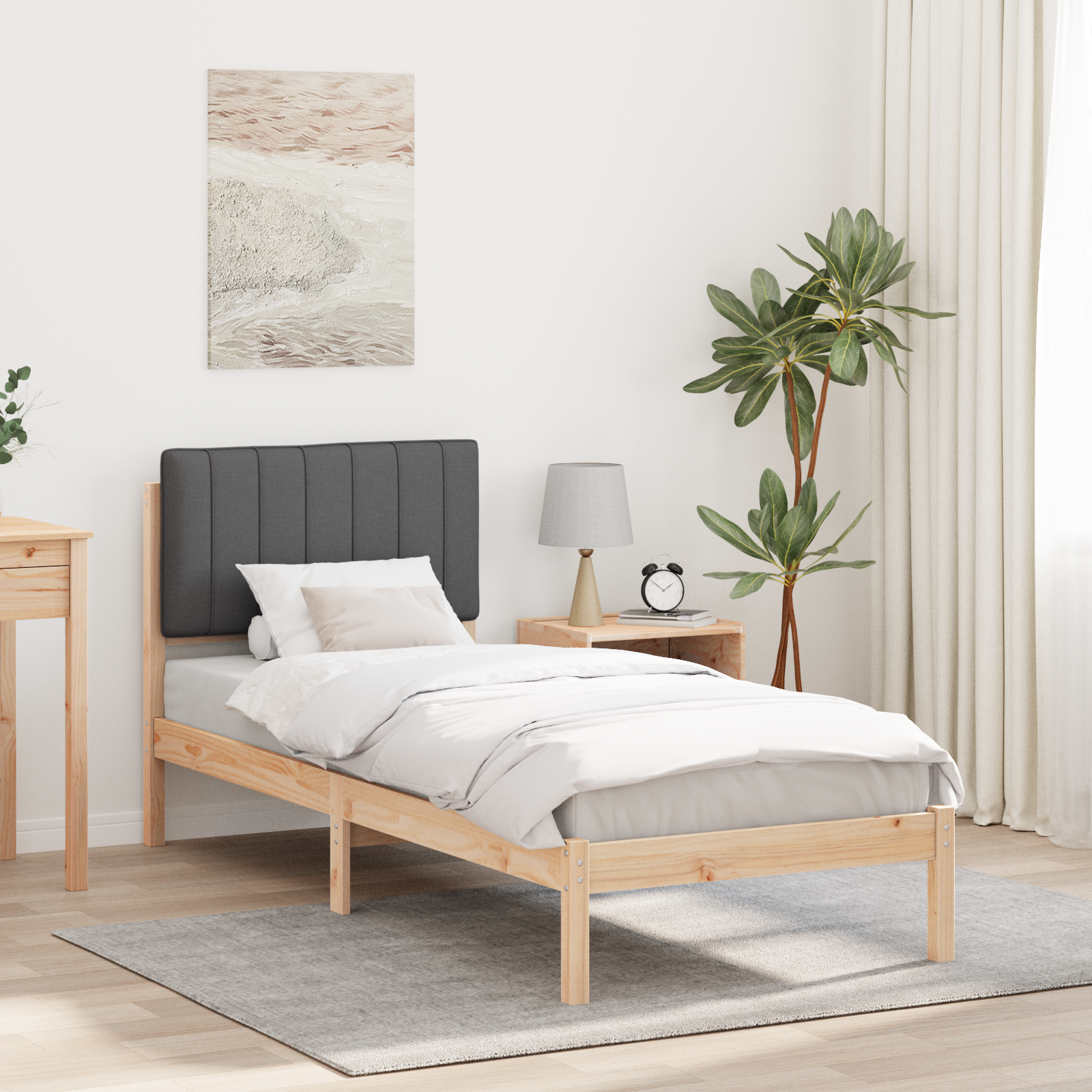 Sängram med Klädd Huvudgavel Mörkgrå 80 x 200 cm Massivt furu