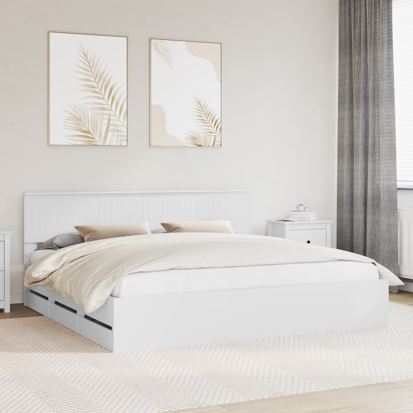 Sängram med låda med huvudgavel Vit 200 x 200 cm Ingenjörsträ