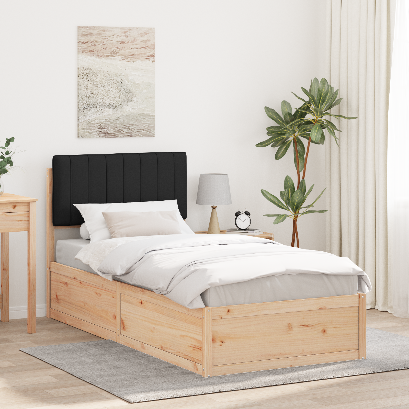 Sängram med Klädd Huvudgavel Svart 90 x 190 cm Massiv furu