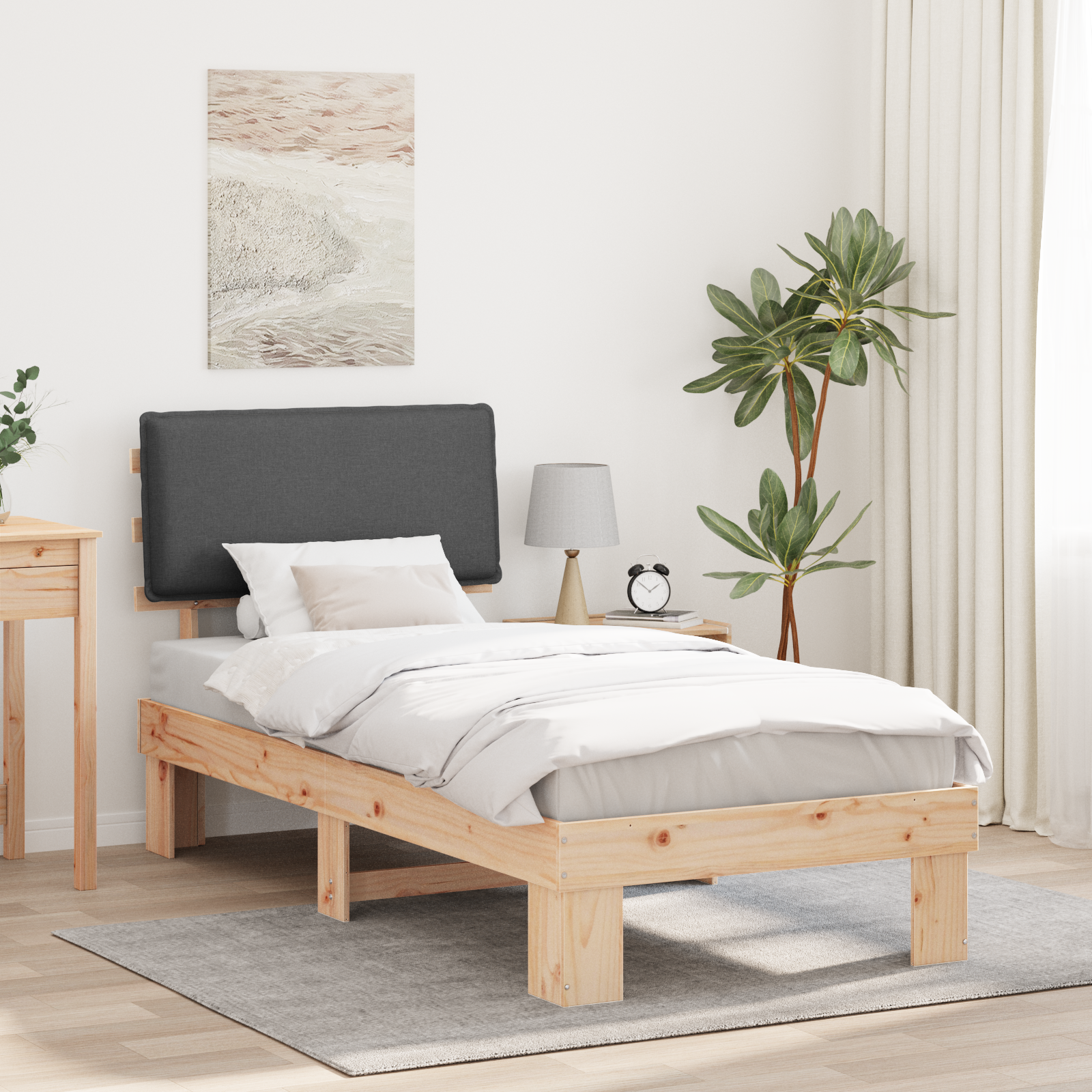 Sängram med Klädd Huvudgavel Mörkgrå 75 x 190 cm Massiv furu