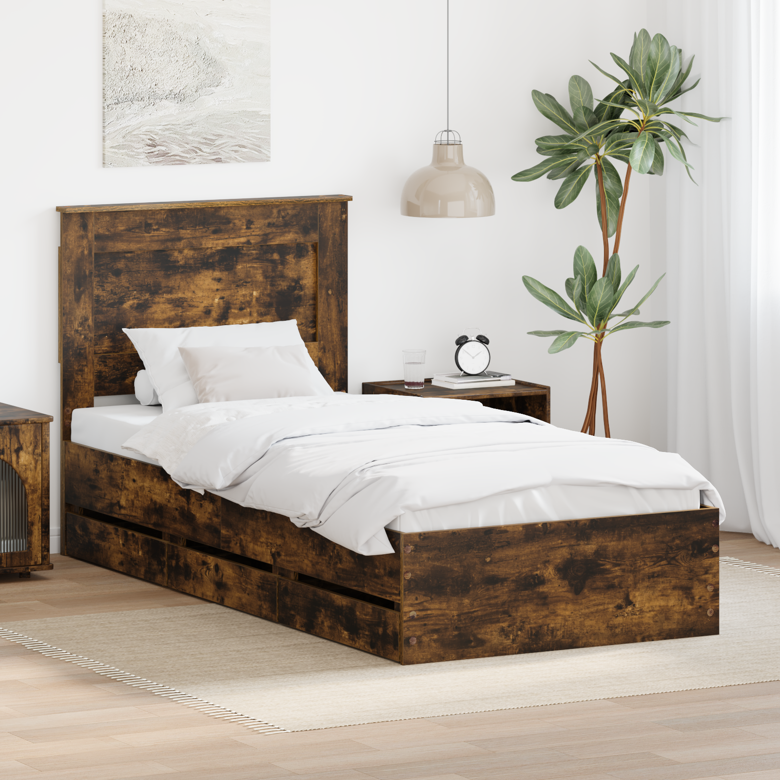 Sängram med låda med lagring Rökt ek 100 x 200 cm Ingenjörsträ