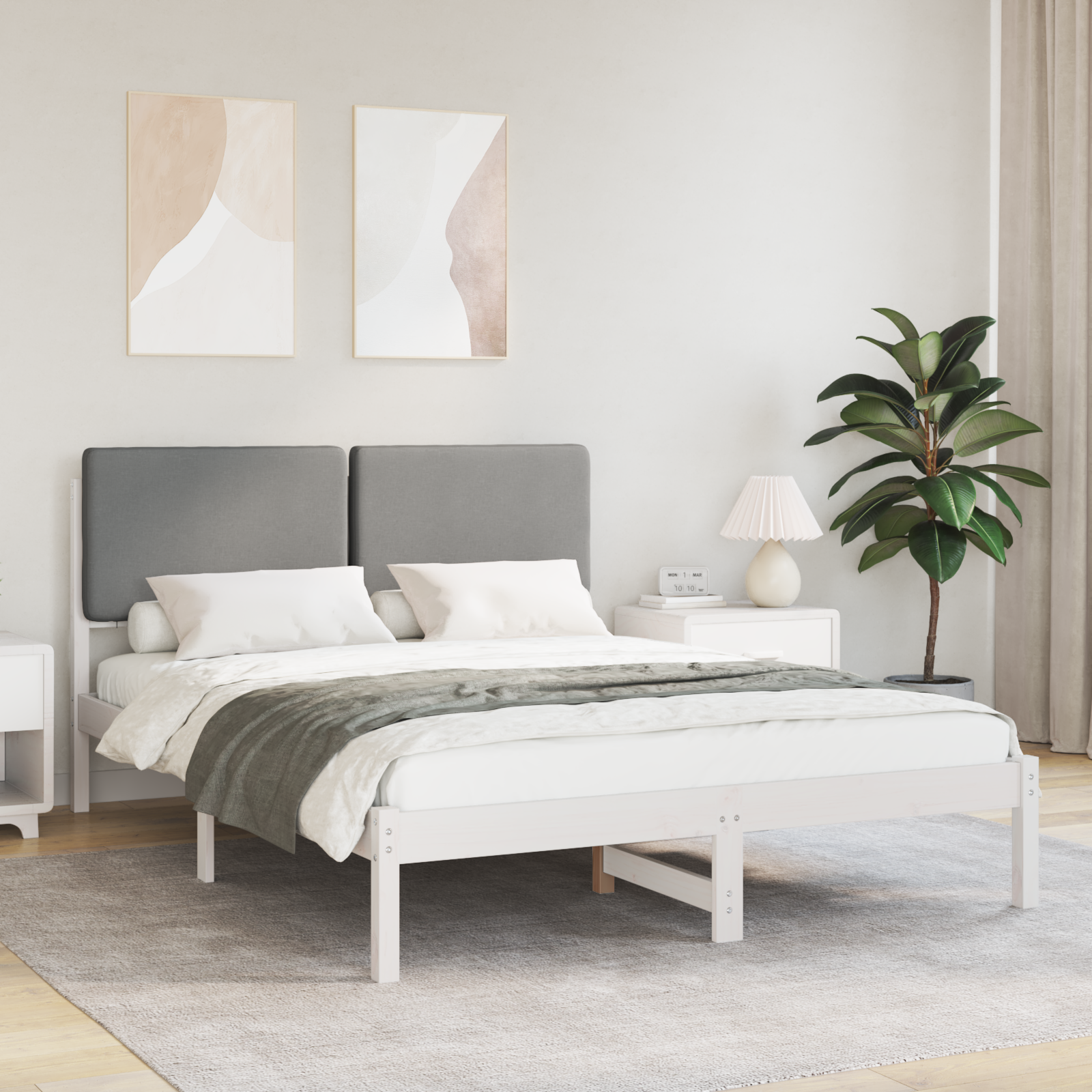Sängram med Klädd Huvudgavel Ljusgrå 140 x 200 cm Massiv furu