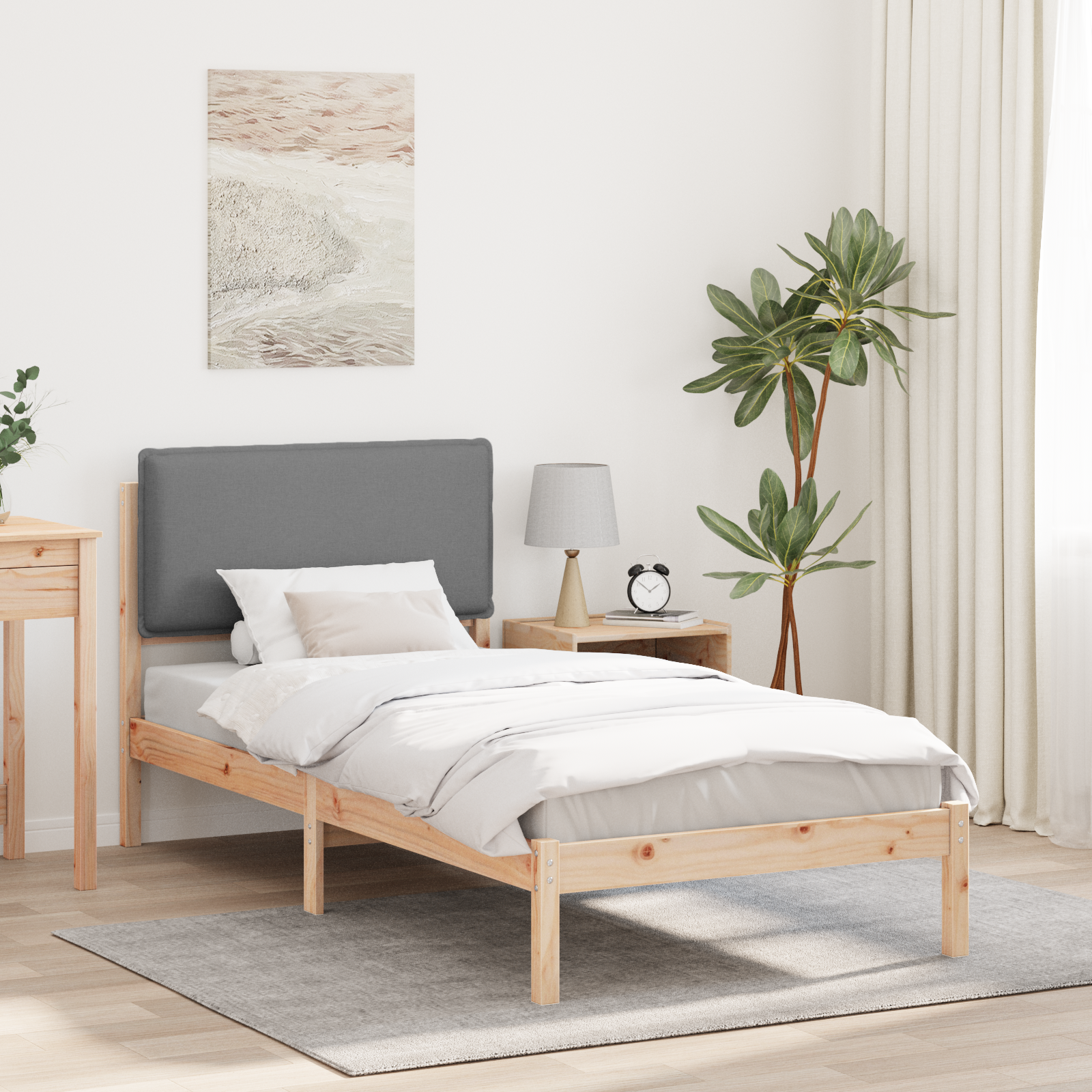 Sängram med Klädd Huvudgavel Ljusgrå 90 x 190 cm Massivt furu