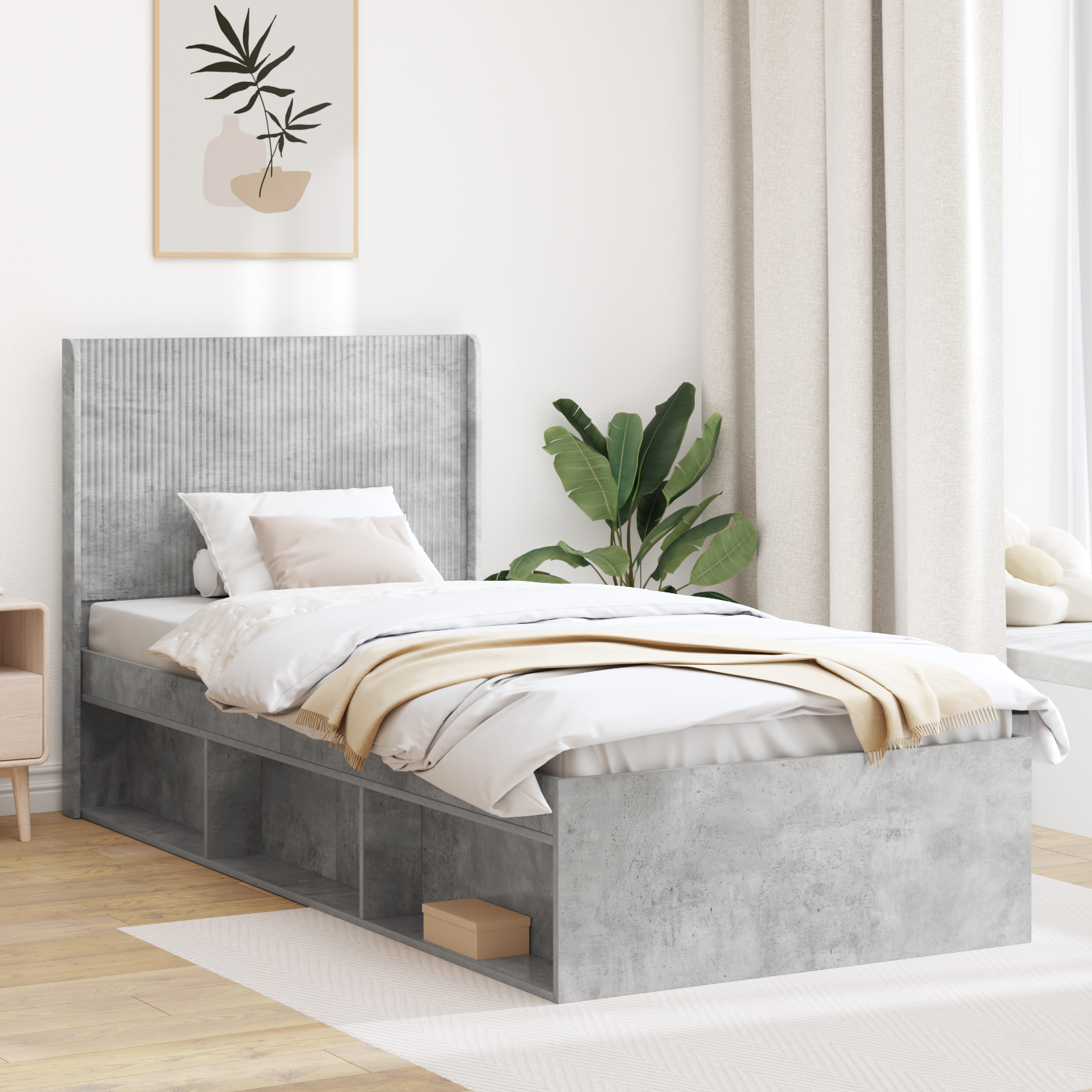Sängram med förvaring och huvudgavel Betonggrå 90 x 190 cm