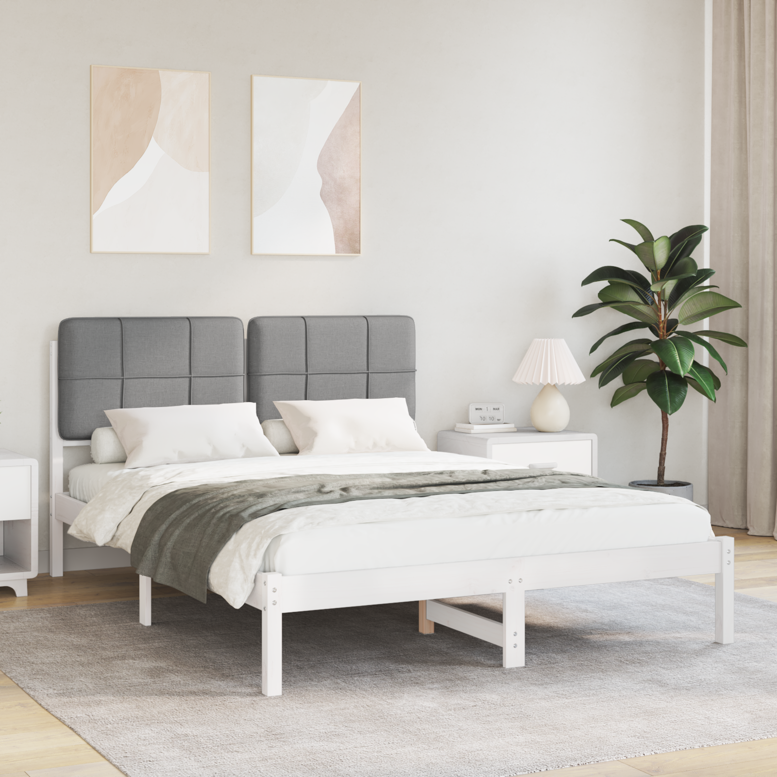 Sängram med Klädd Huvudgavel Ljusgrå 140 x 200 cm Massiv furu