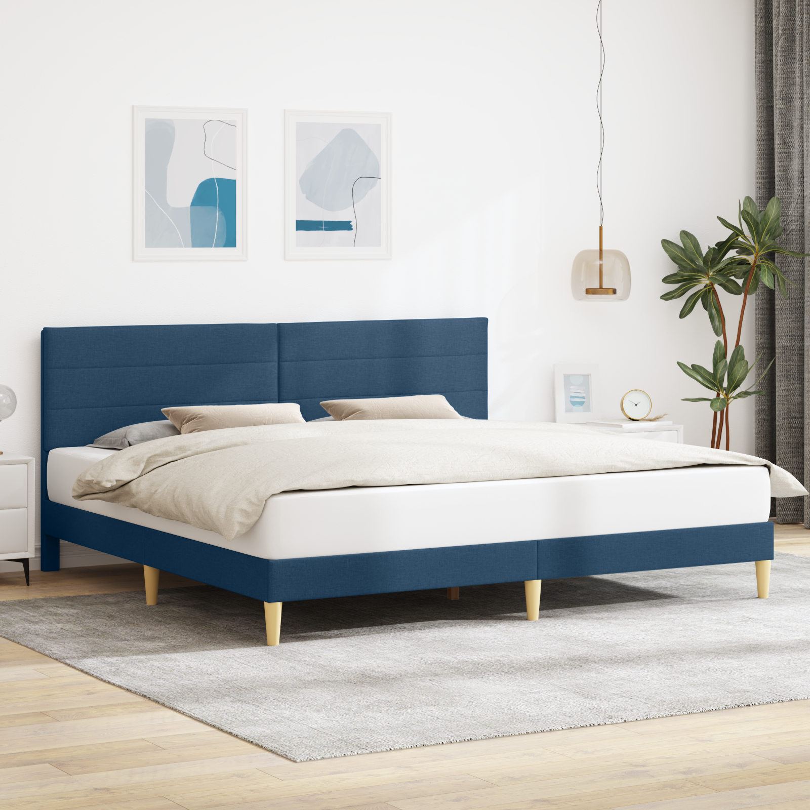 Sängram med huvudgavel Blå 200 x 200 cm Tyg