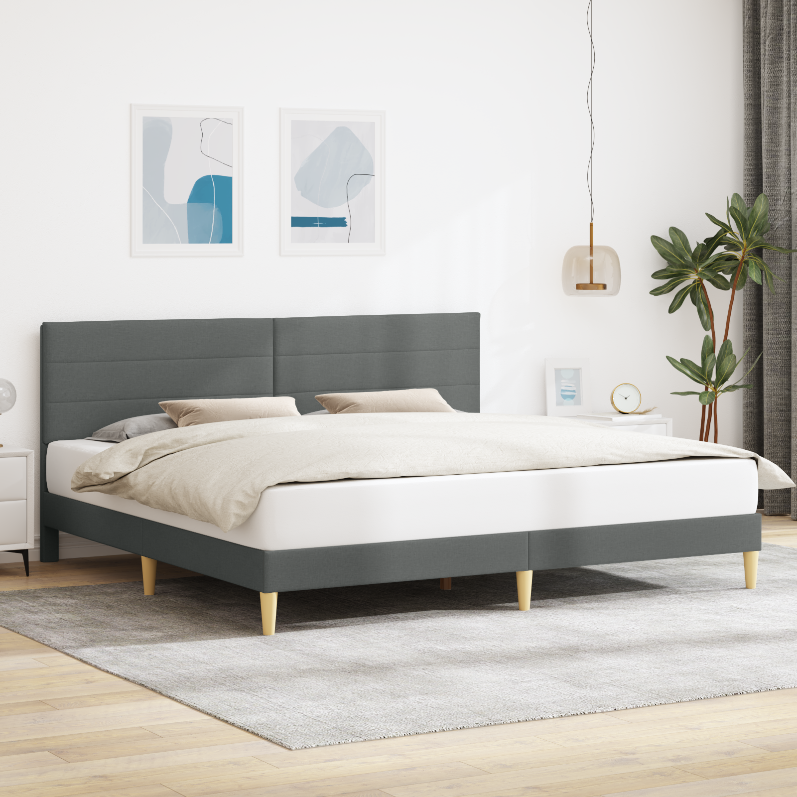 Sängram med huvudgavel Mörkgrå 200 x 200 cm Tyg