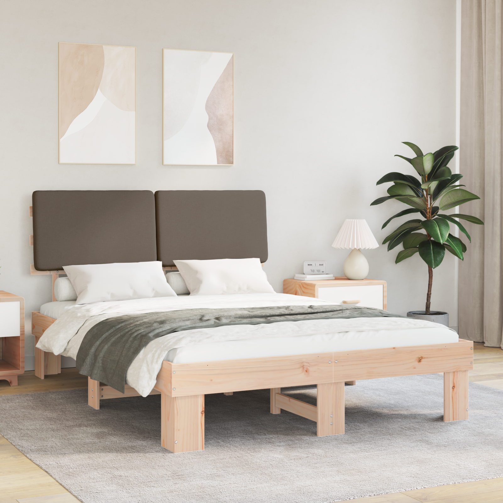 Sängram med Klädd Huvudgavel Taupe 150 x 200 cm Massiv furu