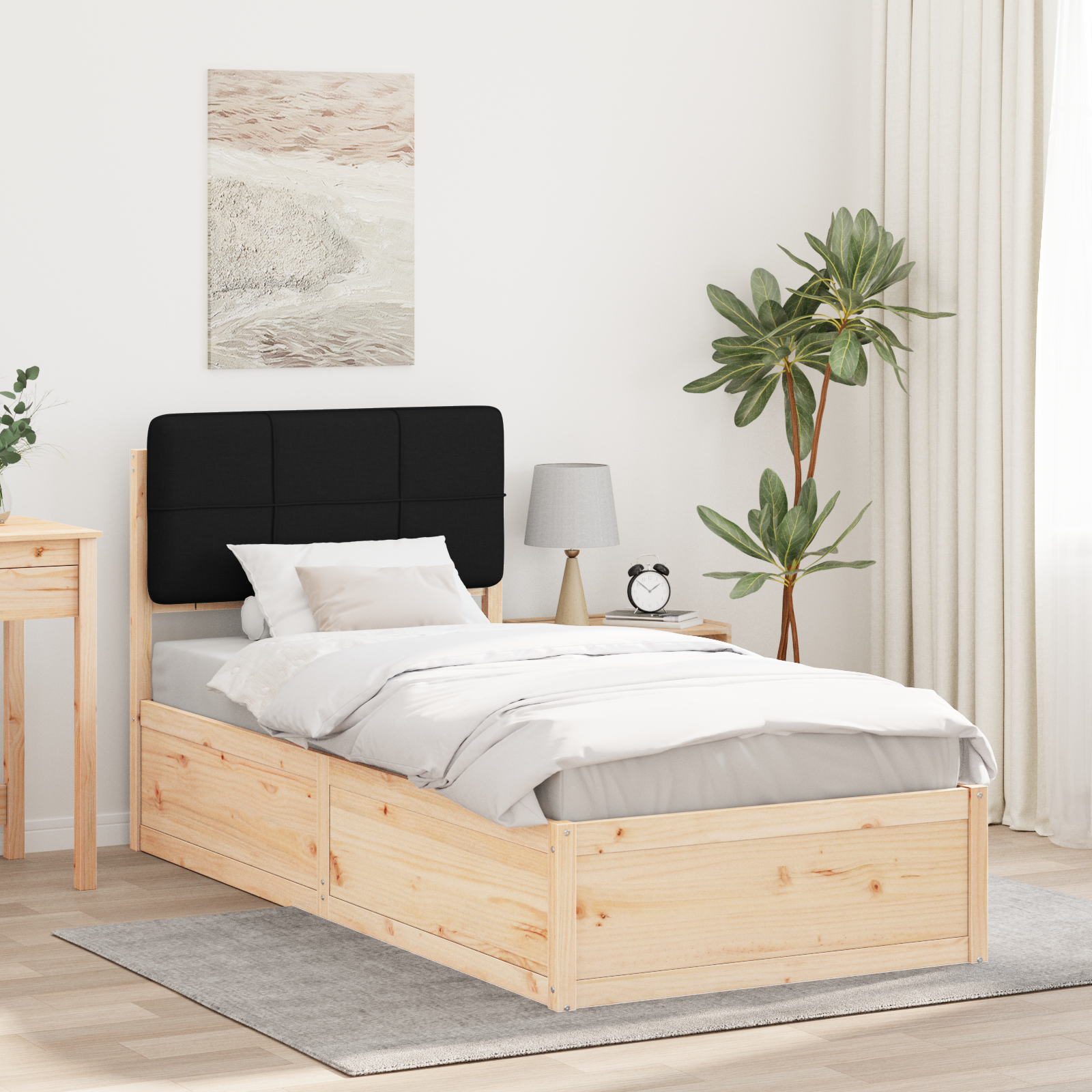 Sängram med Klädd Huvudgavel Svart 100 x 200 cm Massiv furu