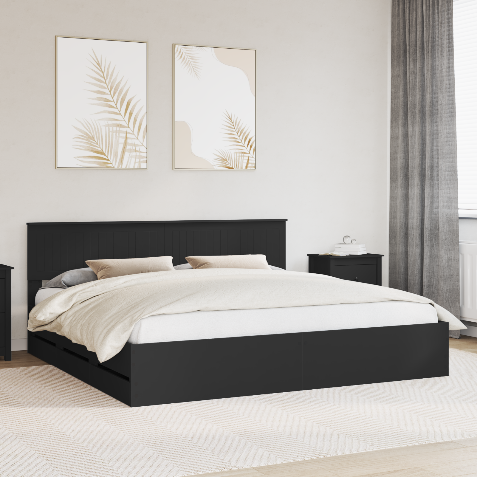 Sängram med låda med huvudgavel Svart 200 x 200 cm Ingenjörsträ