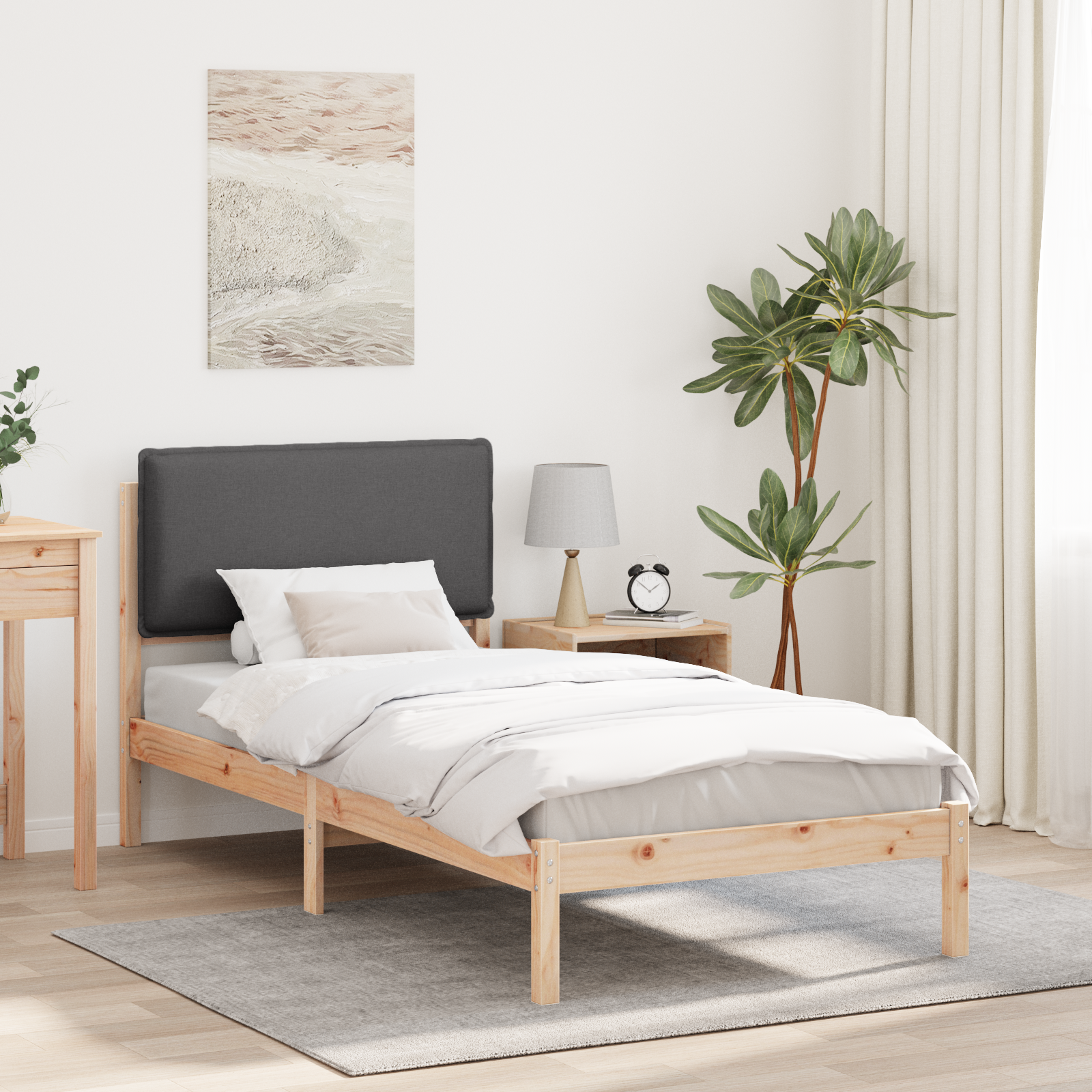 Sängram med Klädd Huvudgavel Mörkgrå 75 x 190 cm Massivt furu