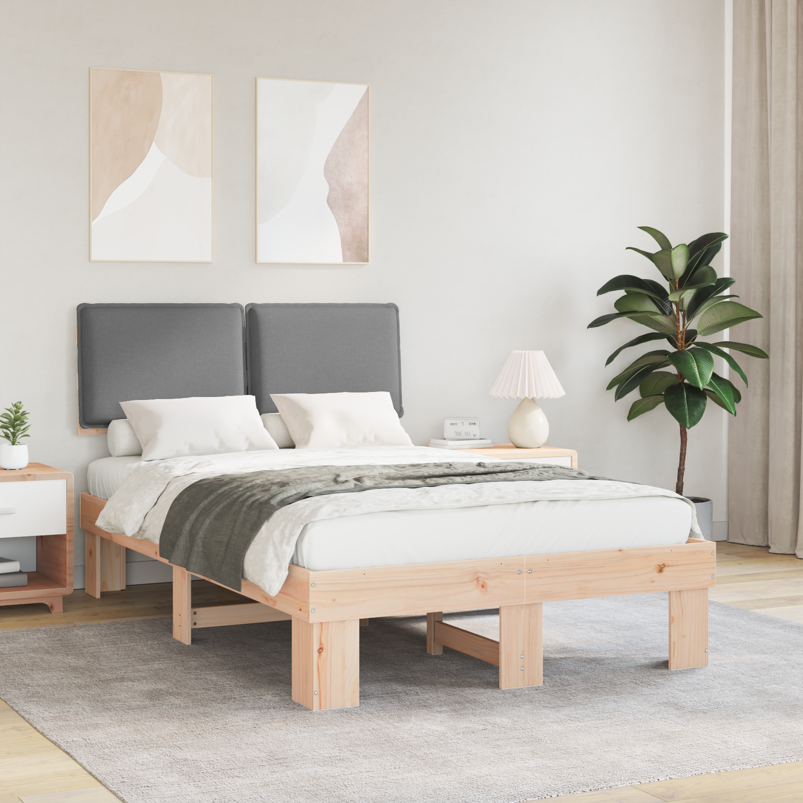 Sängram med Klädd Huvudgavel Ljusgrå 120 x 200 cm Massiv furu