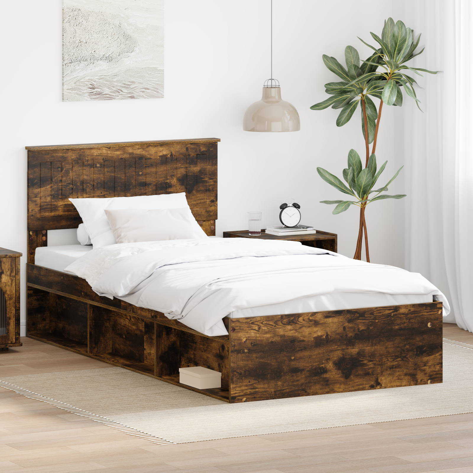 Sängram med huvudgavel Rökt ek 100 x 200 cm Massiv furu