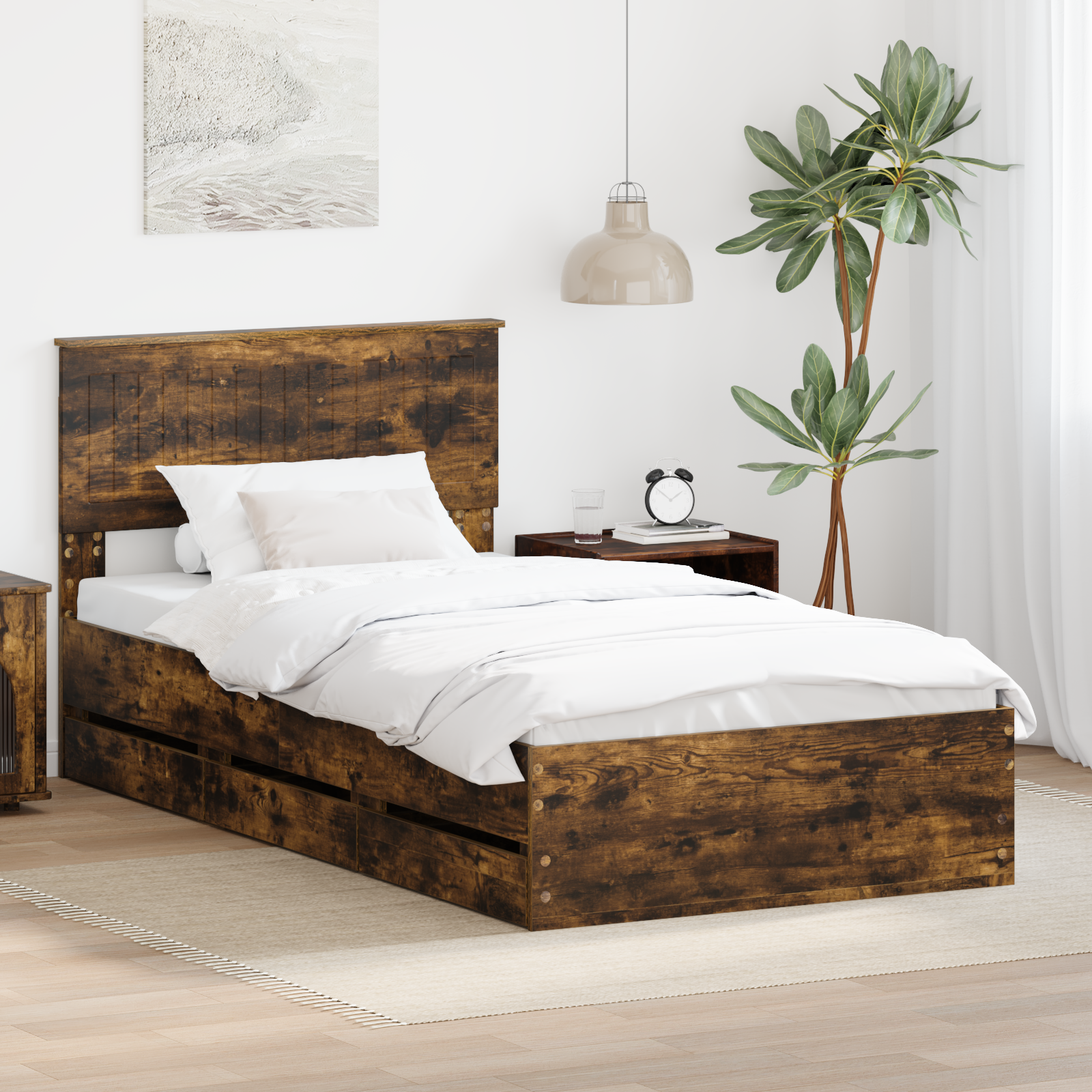 Sängram med låda med lagring Rökt ek 100 x 200 cm Ingenjörsträ