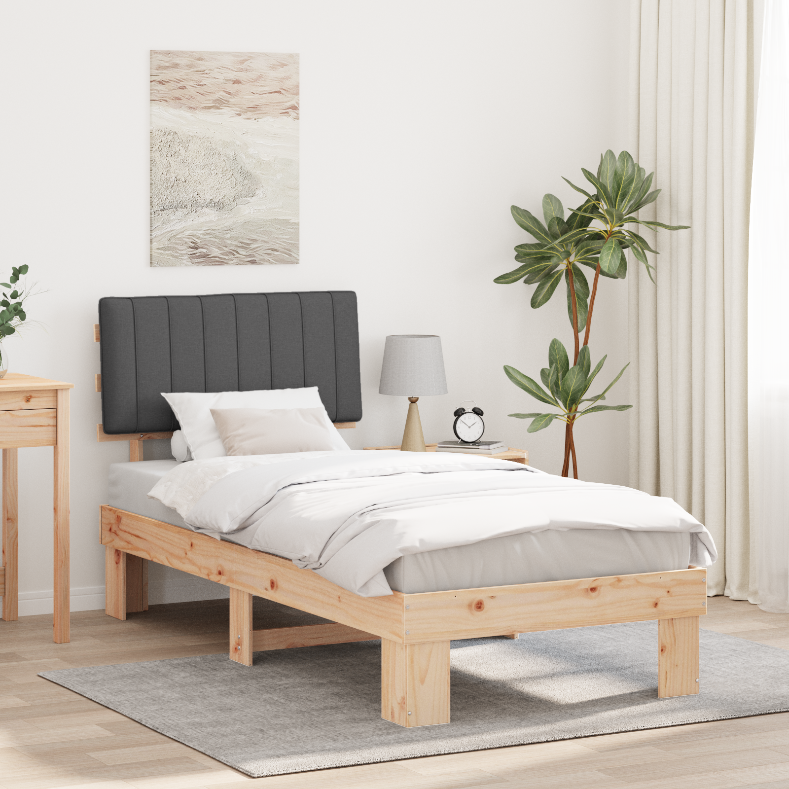 Sängram med Klädd Huvudgavel Mörkgrå 90 x 200 cm Massiv furu