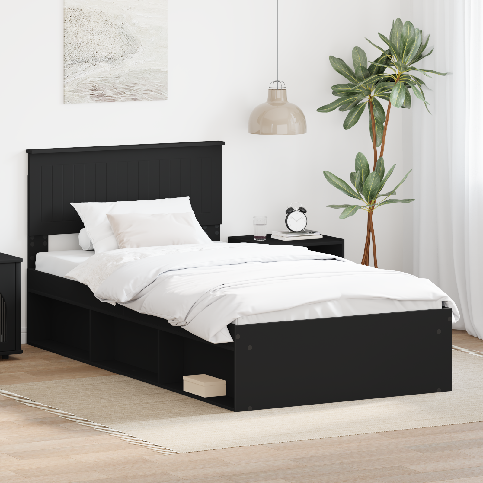 Sängram med huvudgavel Svart 100 x 200 cm Massiv furu