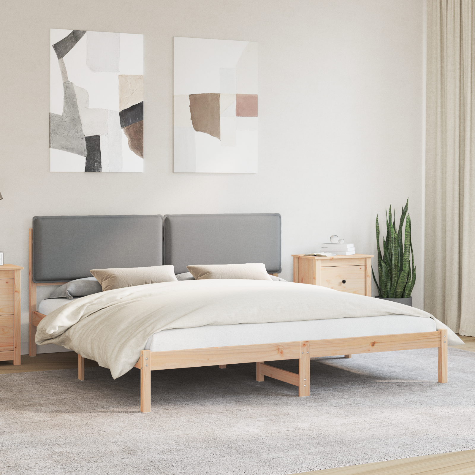 Sängram med Klädd Huvudgavel Ljusgrå 180 x 200 cm Massivt furu