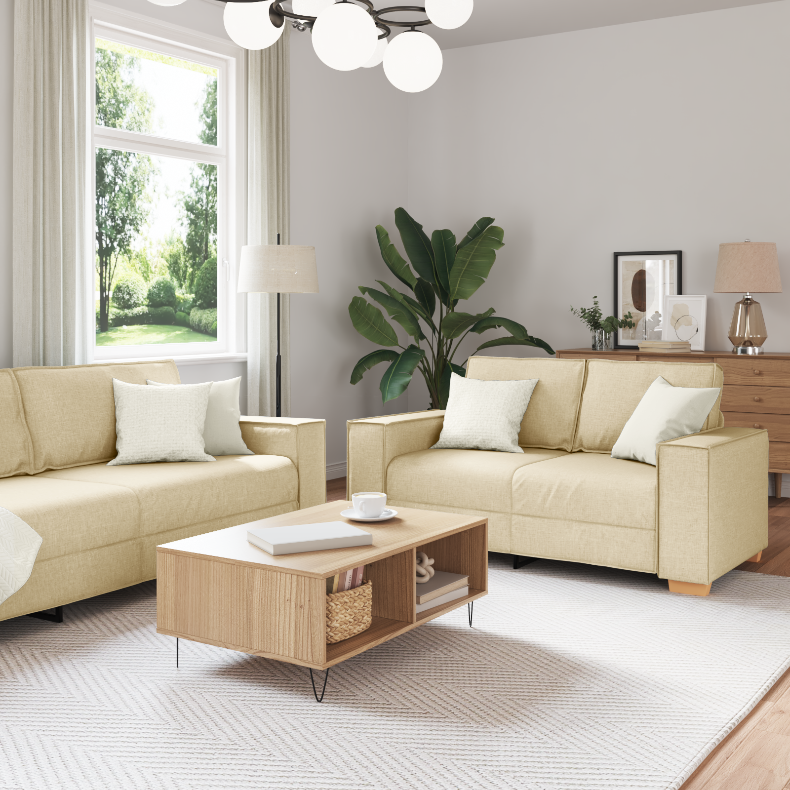 Soffa 3 pcs Kräm 220 x 80 x 84 cm Linnenblandad tyg