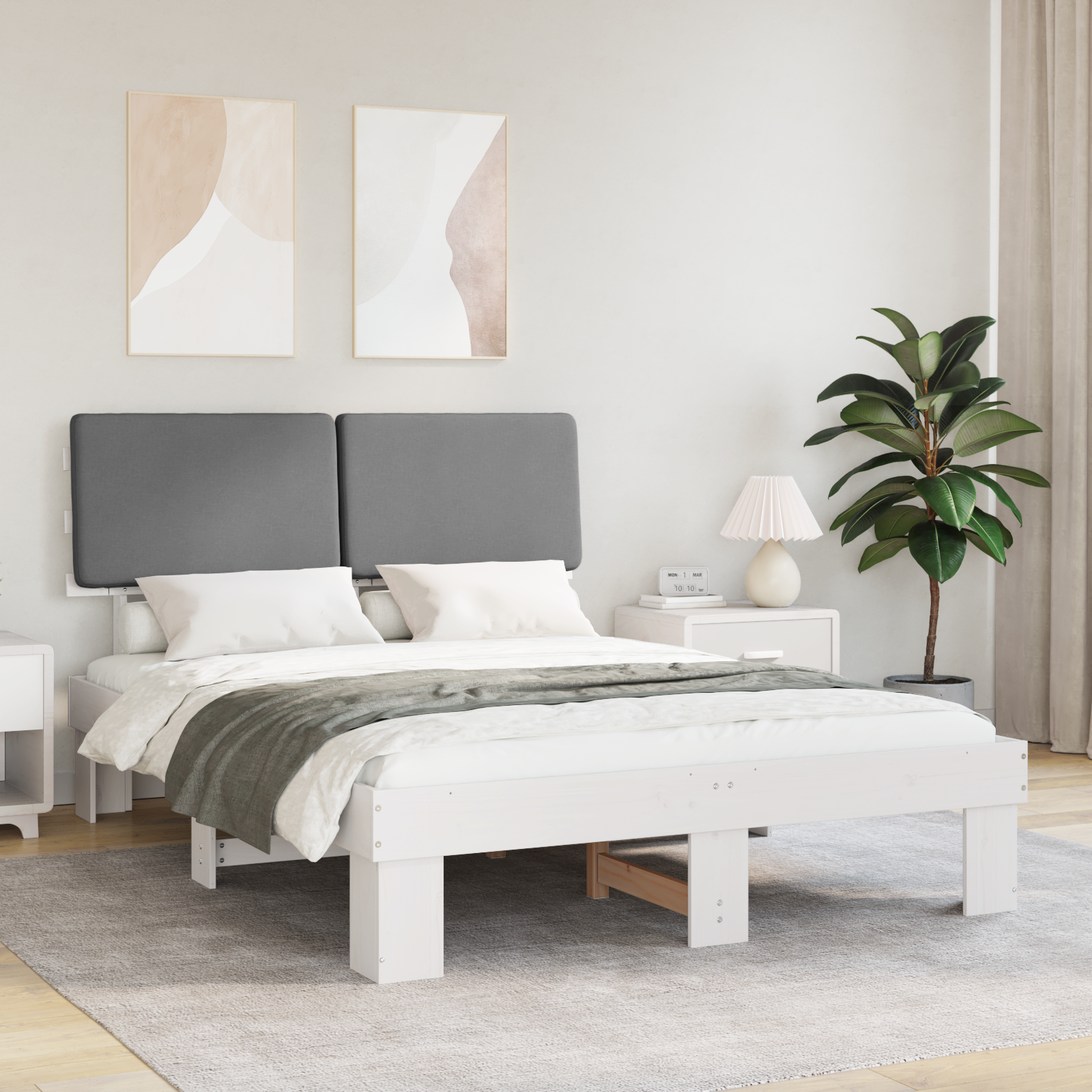 Sängram med Klädd Huvudgavel Ljusgrå 160 x 200 cm Massiv furu